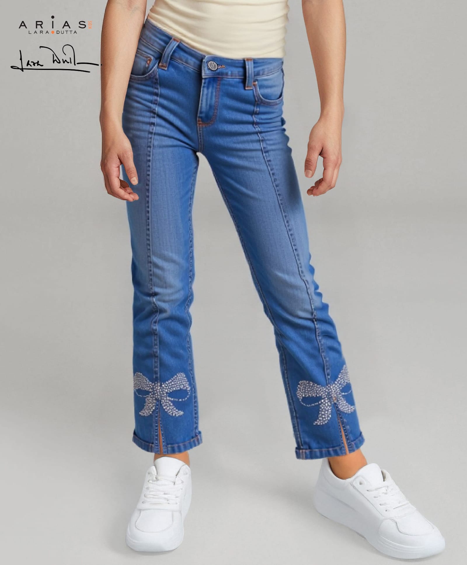 Arias Denim Woven Stretch Full Length Jeans With Front Slit and Rhinestone Bow Detailing - Medium Wash Blue-image-9