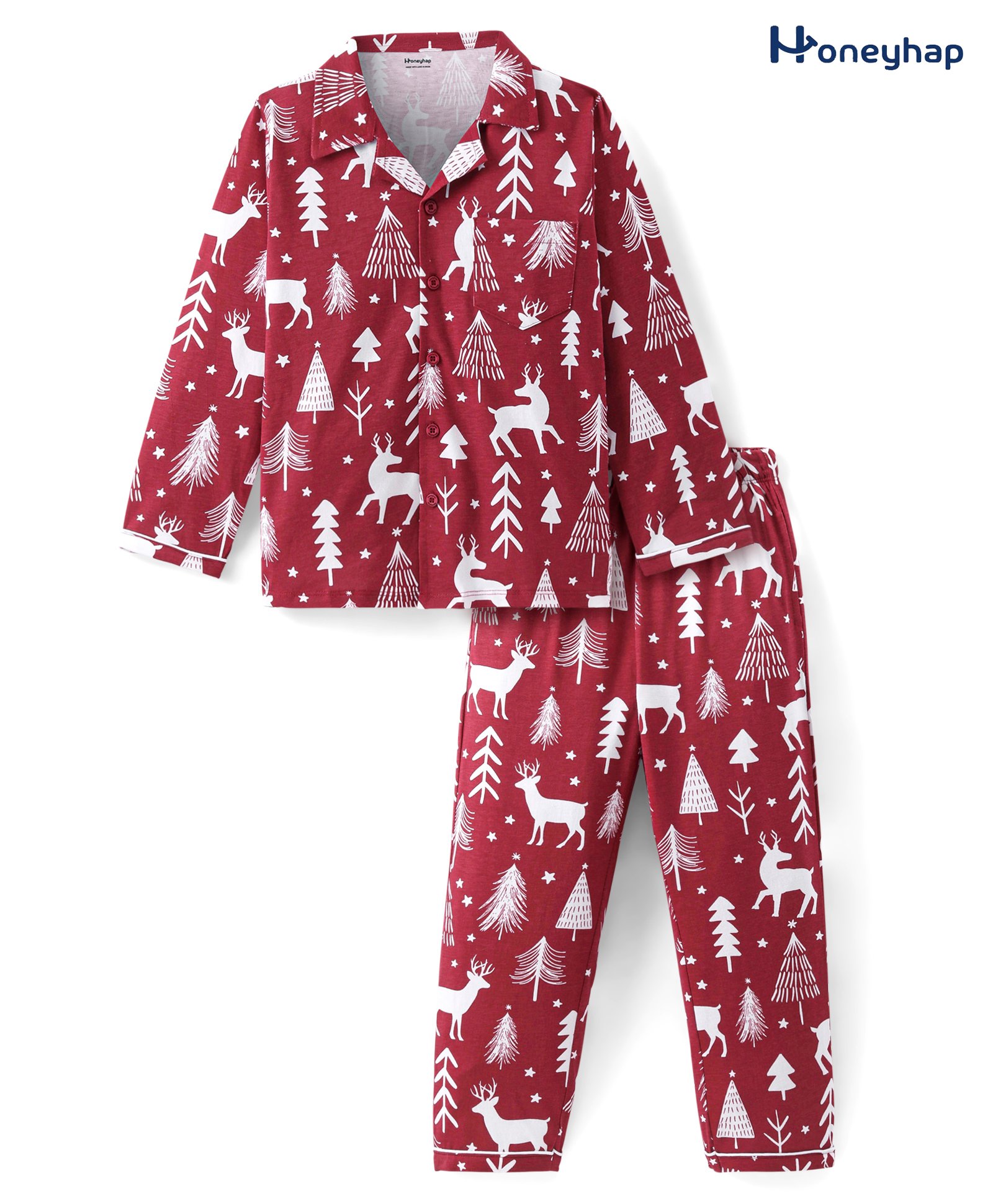 Honeyhap Premium 100% Cotton Knit Full Sleeves Night Suit With Winter Forest Theme Print - Dark Red-image-42