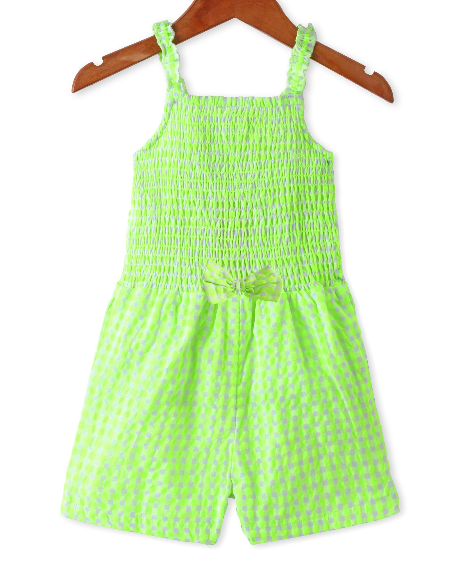 Babyhug Cotton Woven Singlet Sleeves Jumpsuit With Smocking Detailing & Bow Applique - Green-image-44