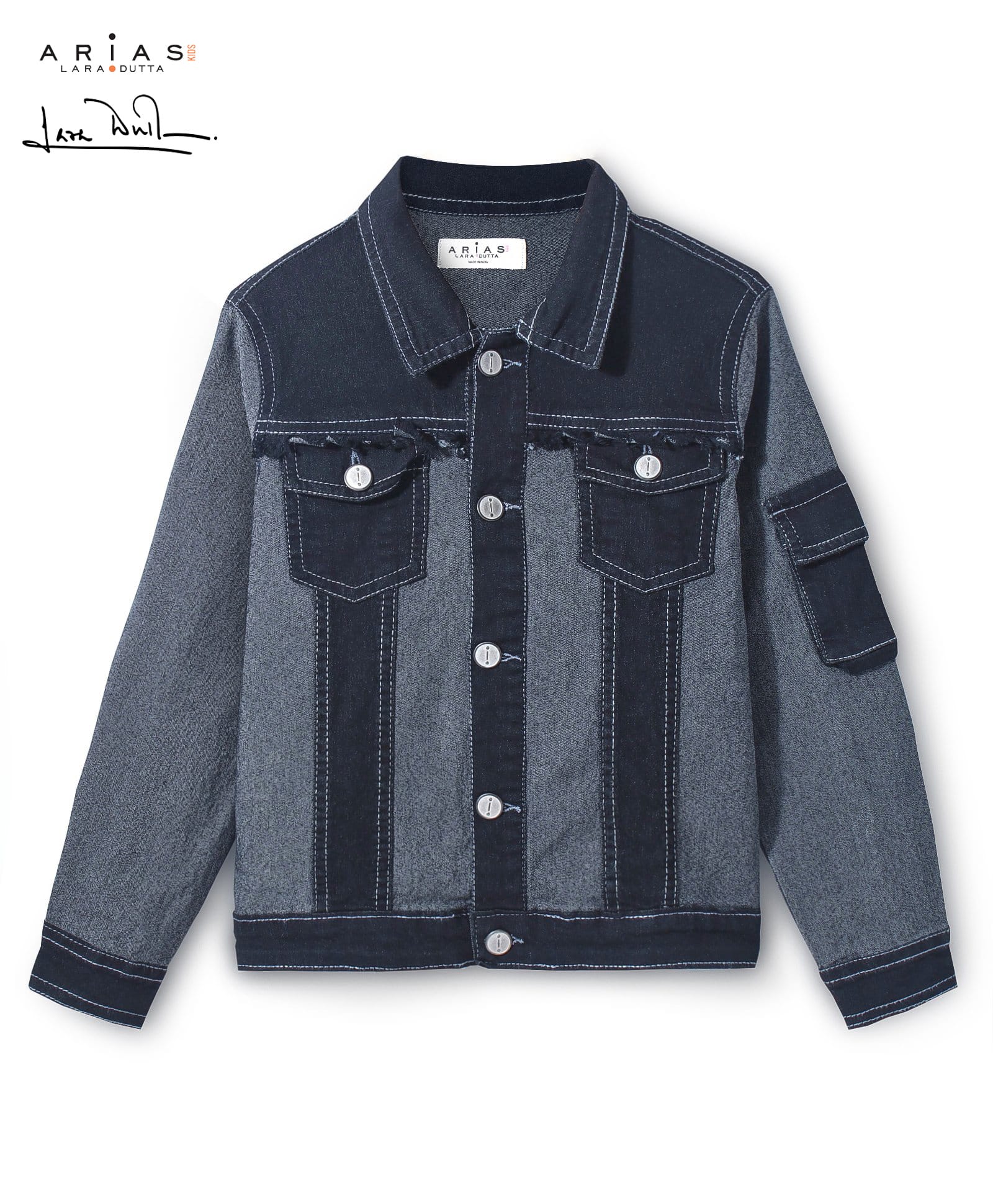 Arias Cotton Stretch Full Sleeves Colour Block Dark Washed Denim Jacket -Black-image-35
