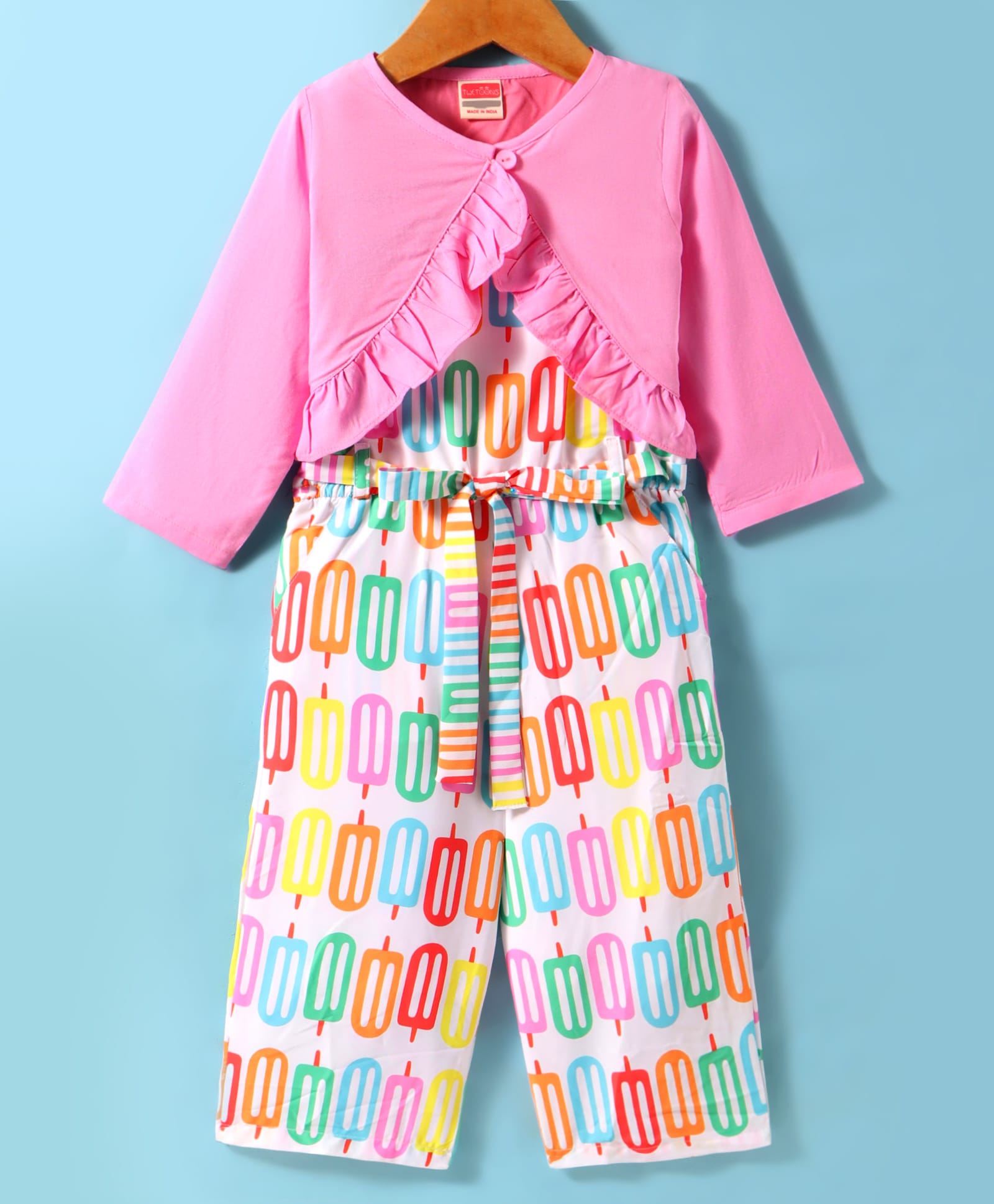 Twetoons Woven Printed Jumpsuit & Full Sleeves Shrug With Frill Detailing - Pink-picture-15