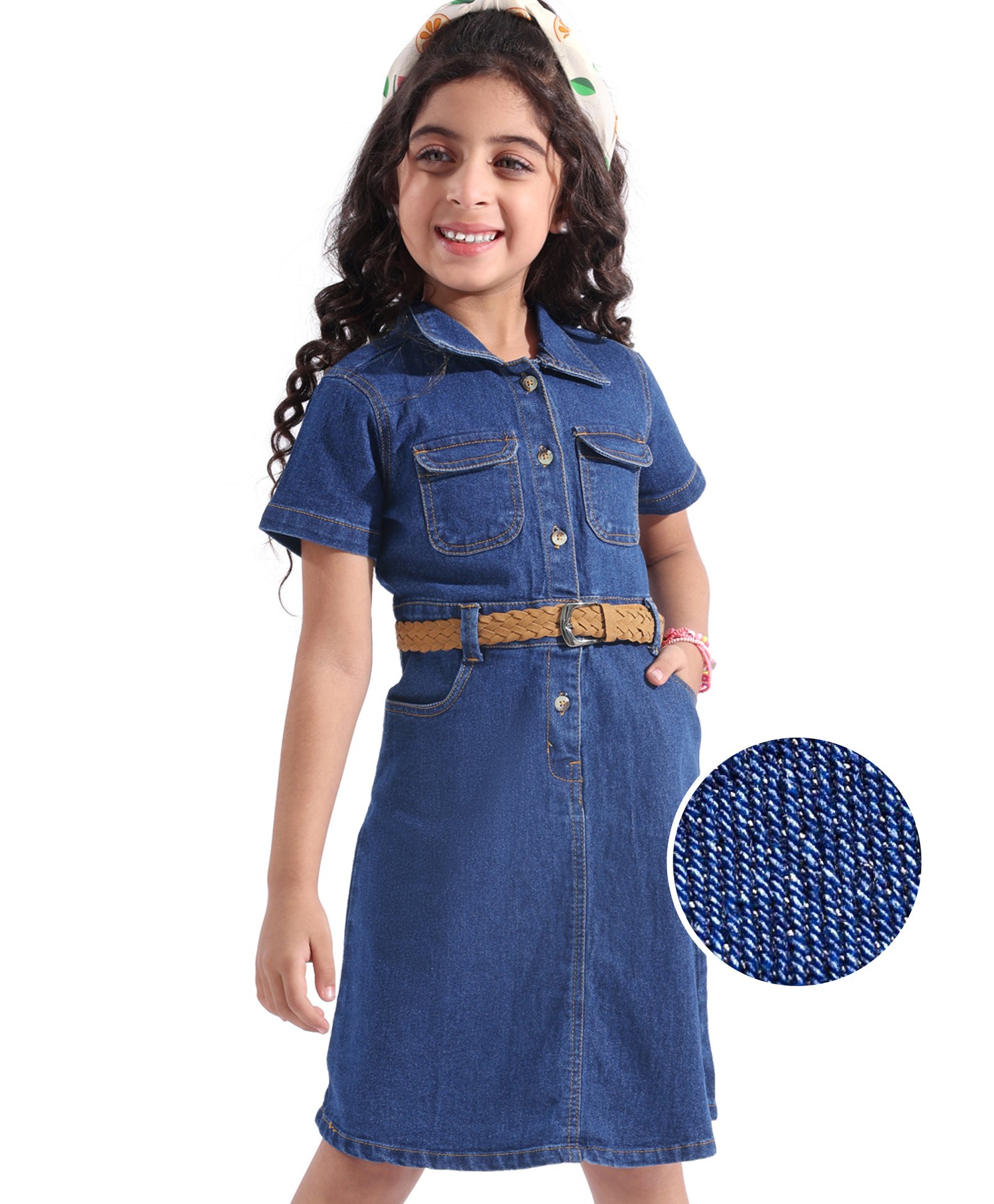 Hola Bonita Half Sleeves Denim Solid Shirt Dress - Blue-image-2