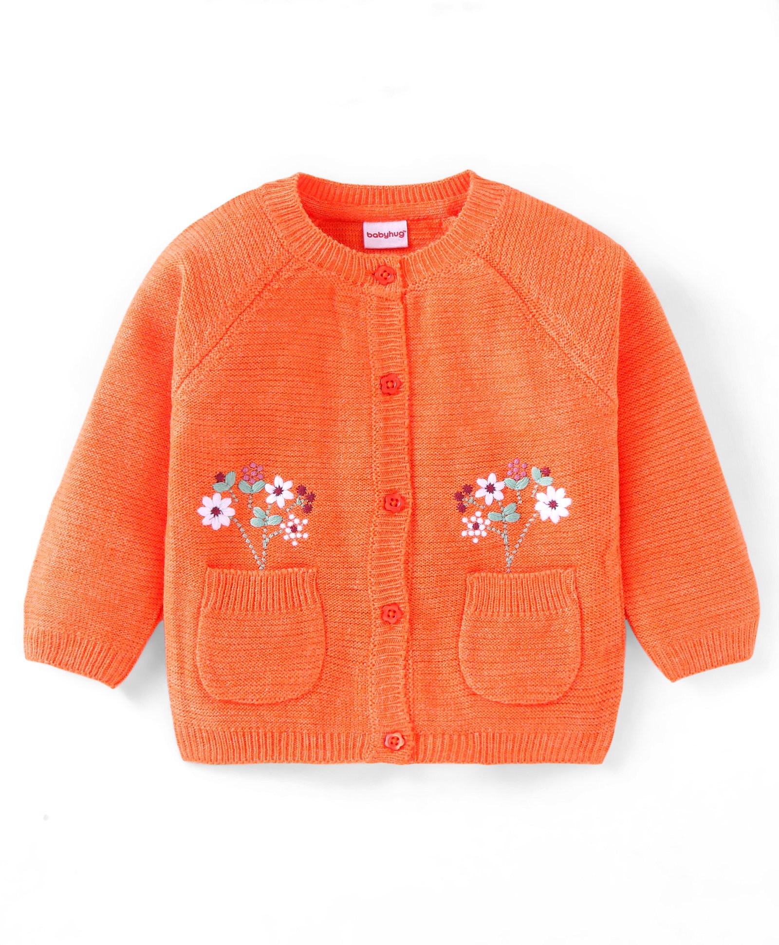 Babyhug Knitted Full Raglan Sleeves Front Open Sweater with Floral Embroidery - Orange