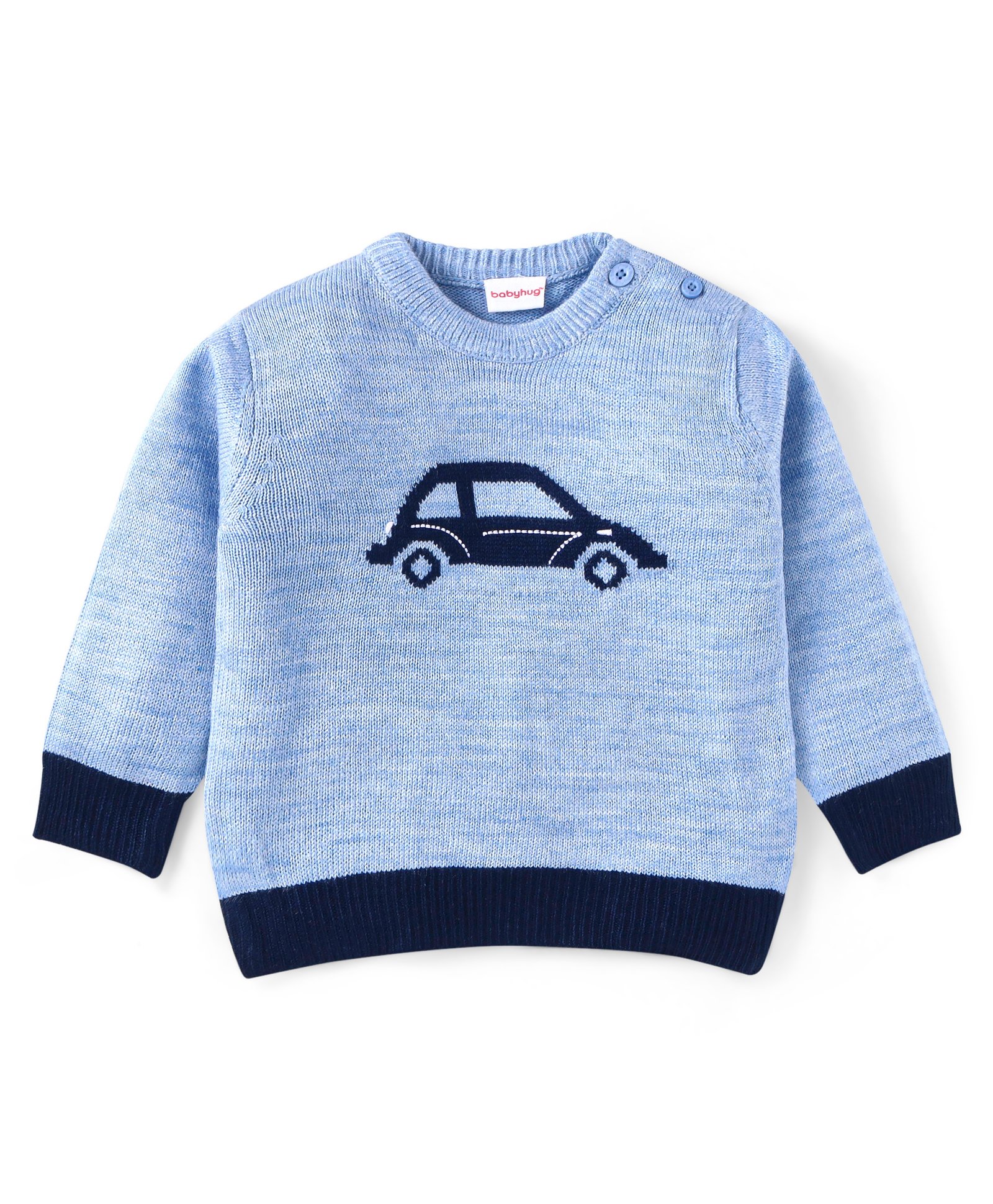 Babyhug Knitted Full Sleeves Pullover Sweater With Car Design - Light Blue