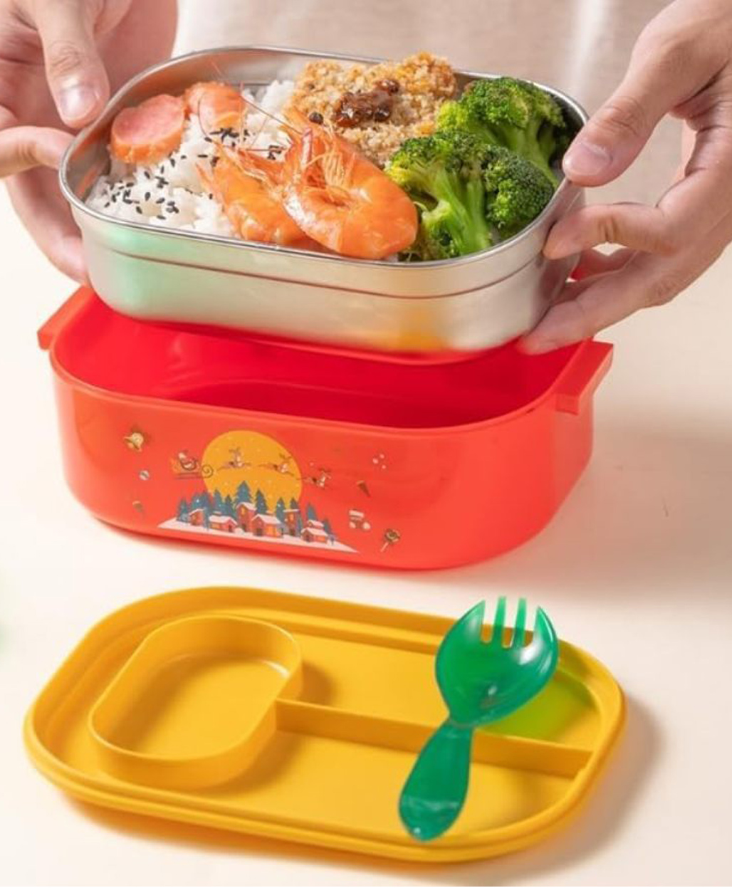 Sanjary Stainless Steel Merry Season Lunch Box With Spoon -700 Ml - Color & Print May Vary-picture-41