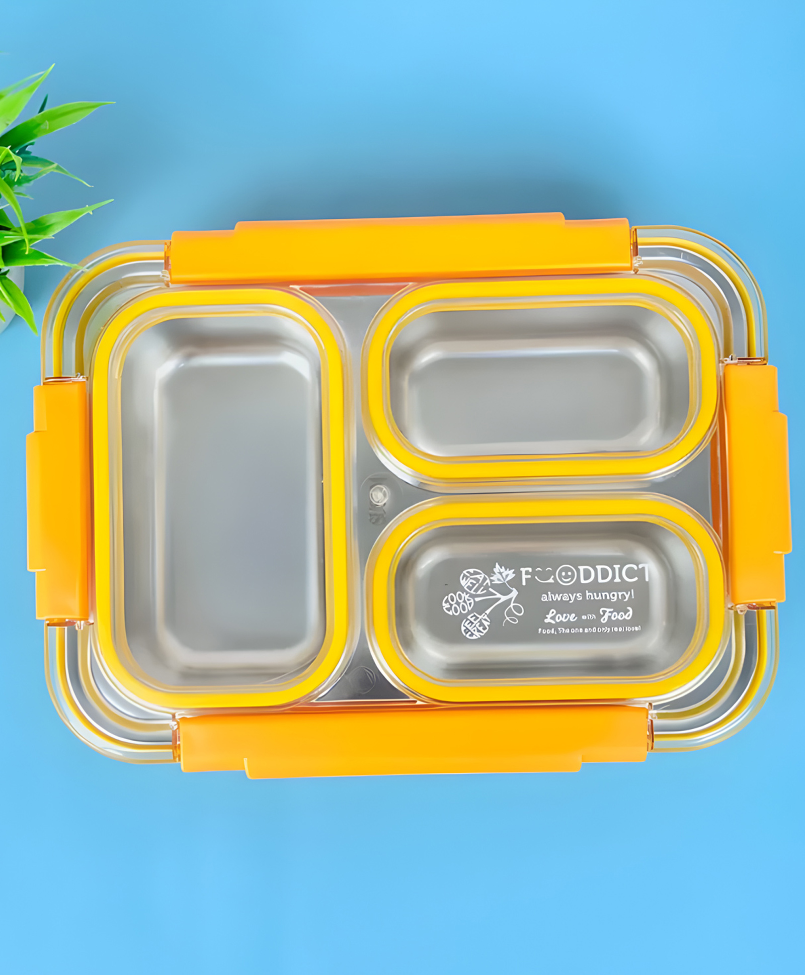 Sanjary Stainless Steel Toyko Table Lunch Box  3 Compartment Leak-Proof BPA Free With Spoon, Chopstick & Fork -710 ML - Color & Design May Vary-image-7