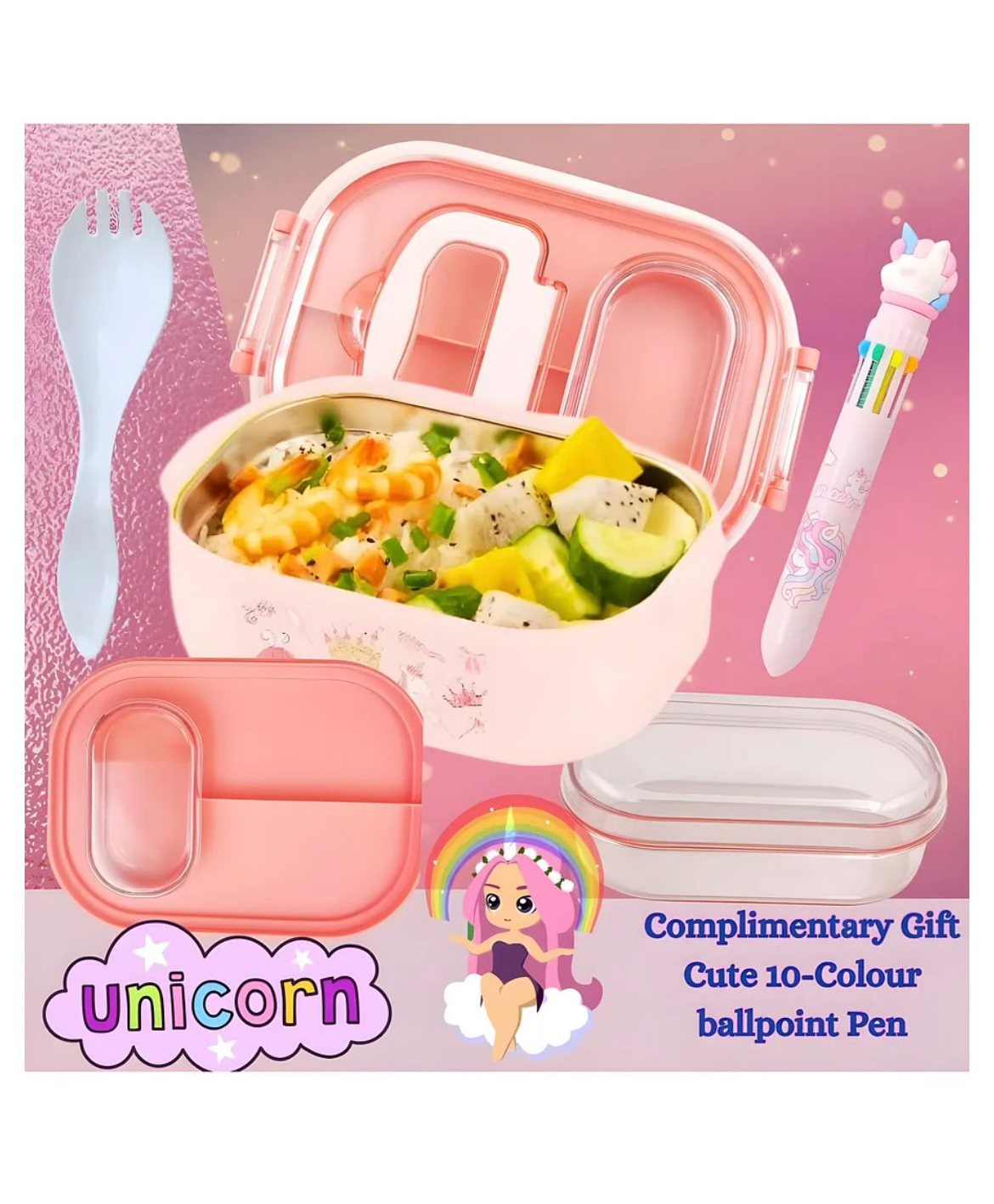 Sanjary Stainless Steel Unicorn Theme Lunch Box With Spoon And 10 Color Ball Pen- 700 ml - Color & Design May Vary-image-36