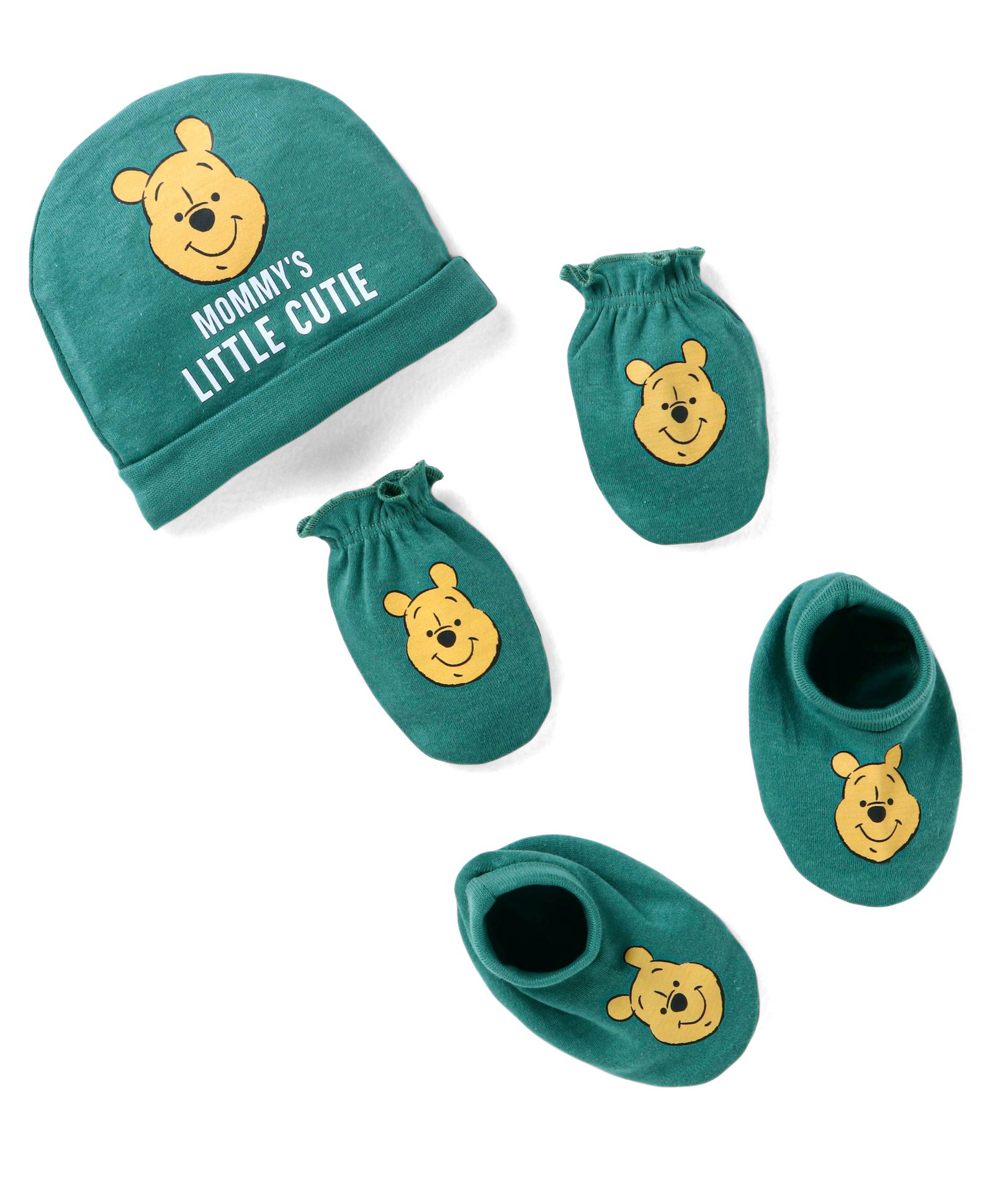 Babyhug Interlock Knit Caps Mittens & Booties Set Winnie the Pooh Print Dark Green - Diameter 12 cm-image-32