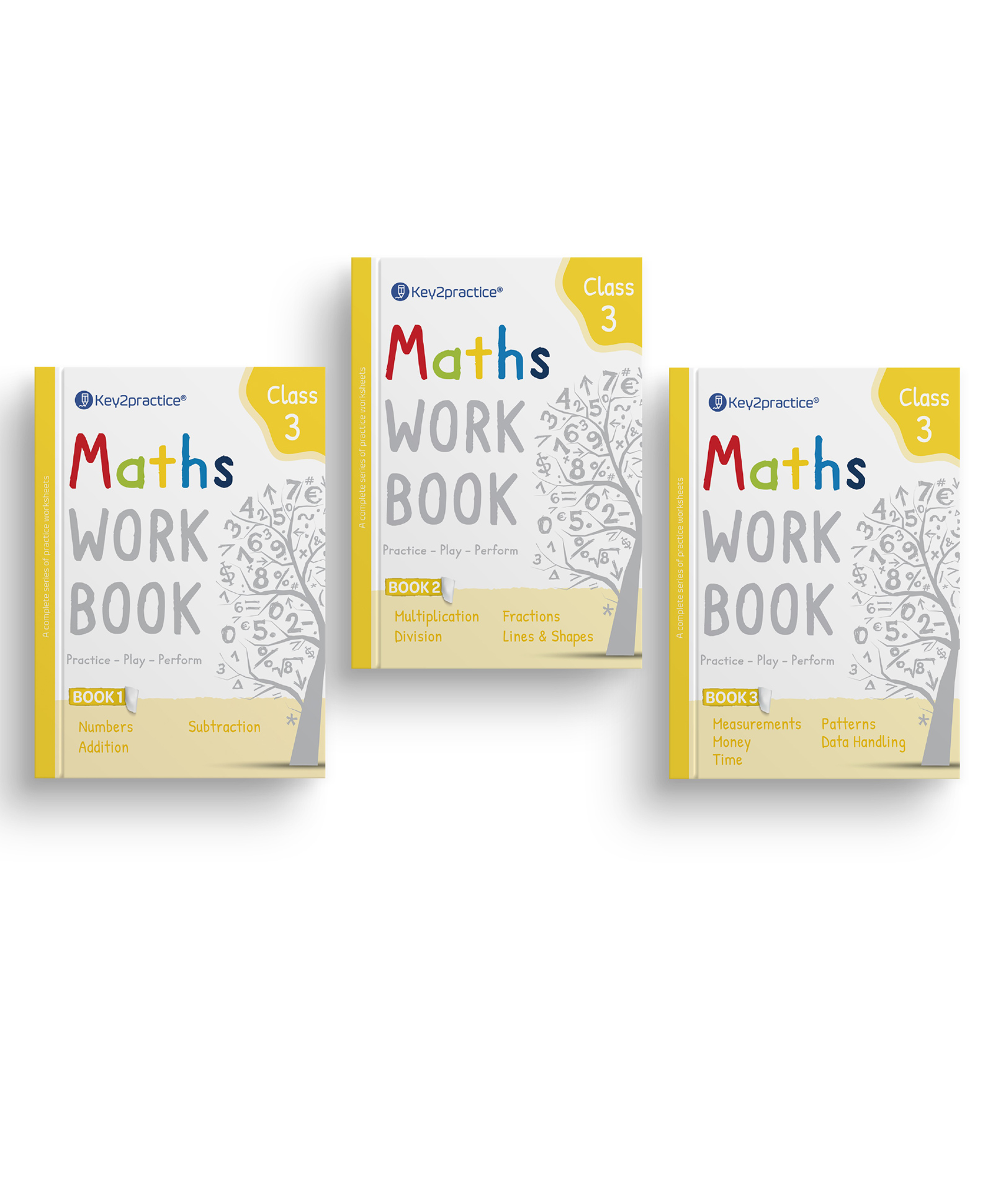 Key2Practice Maths Workbook For Class 3 - Pack of 3 : 272 Activity Based Worksheets Combo of (Numbers, Addition, Subtraction, Multiplication, Division, Fractions, Lines & Shapes, Measurements, Money, Time, Patterns, Data Handling) - English