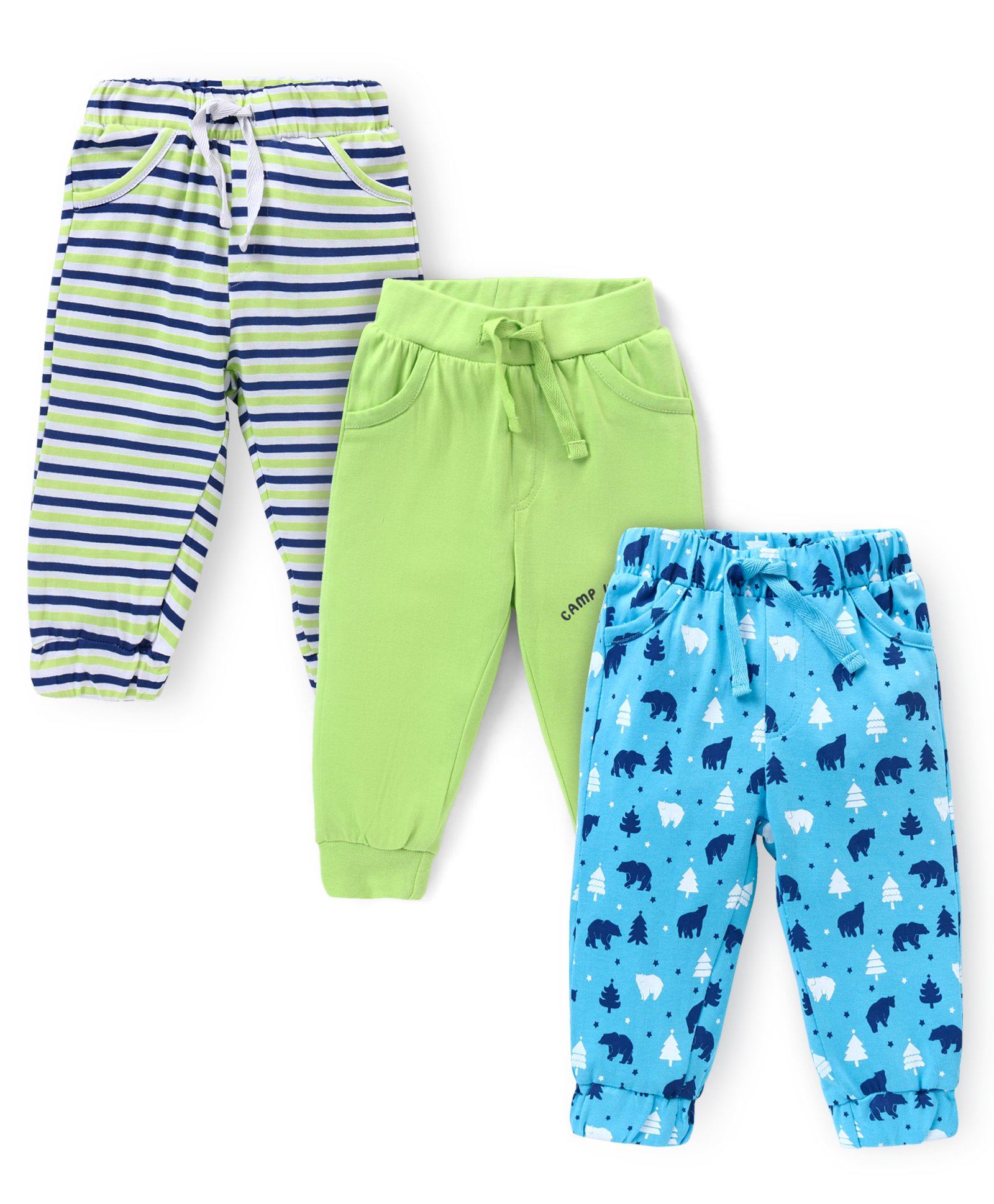 Doodle Poodle Single Jersey Knit Full Length Striped & Polar Bear Printed Leggings Pack of 3 - White Green & Blue-picture-22