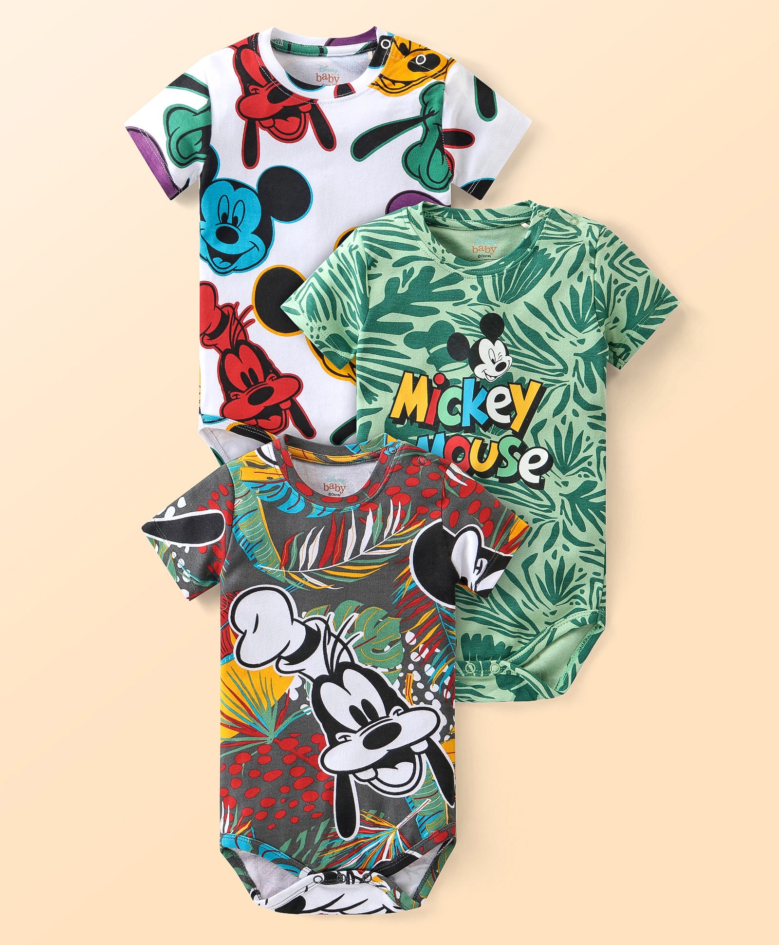 babyhug disney Babyhug Disney Interlock Knit Half Sleeves Mickey Mouse Graphics Onesies Pack of 3 - Green White & Grey-picture-19