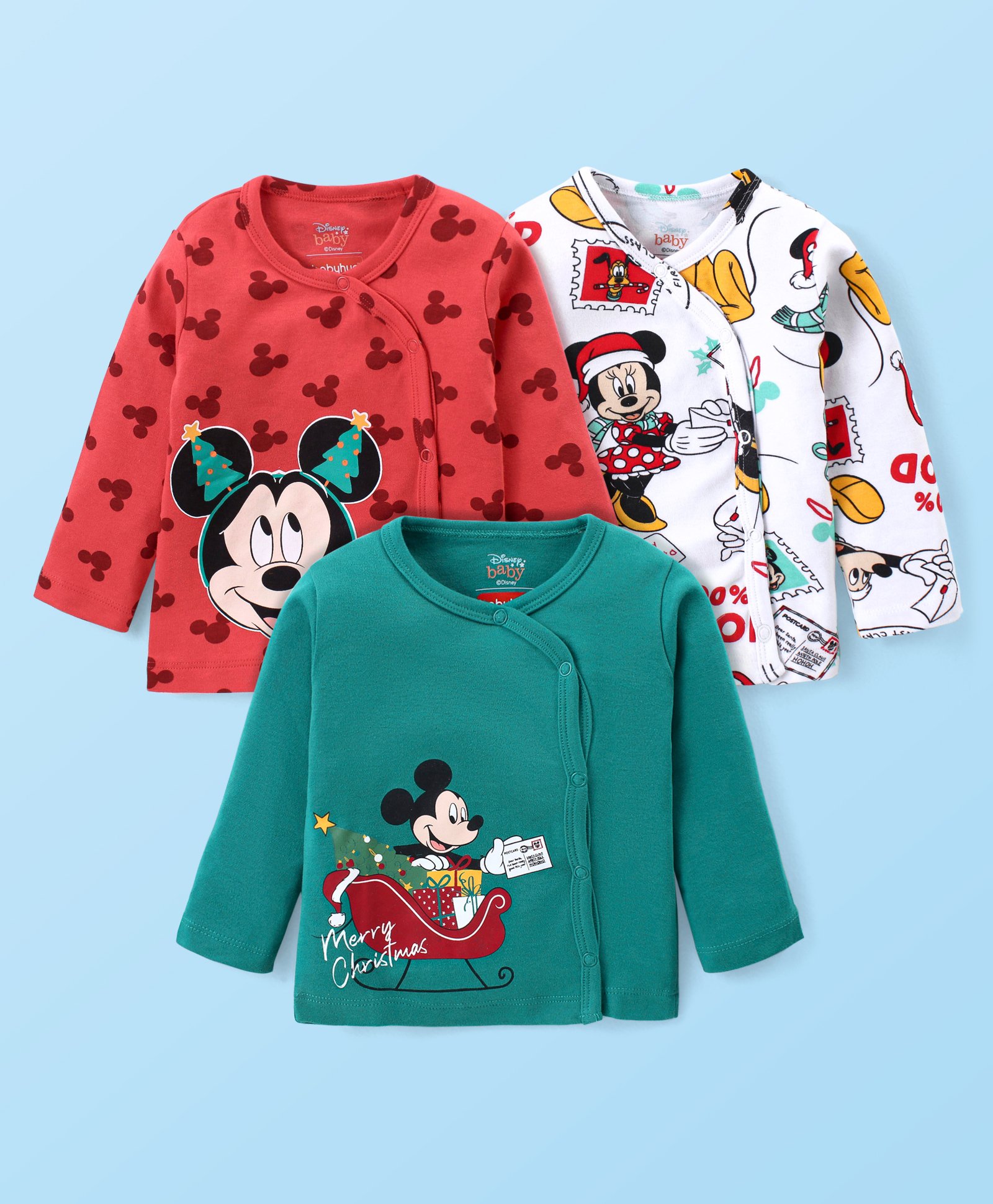Babyhug Disney Full Sleeves Front Open Jhablas with Micky Mouse Print Pack of 3 - Red White & Green-picture-14