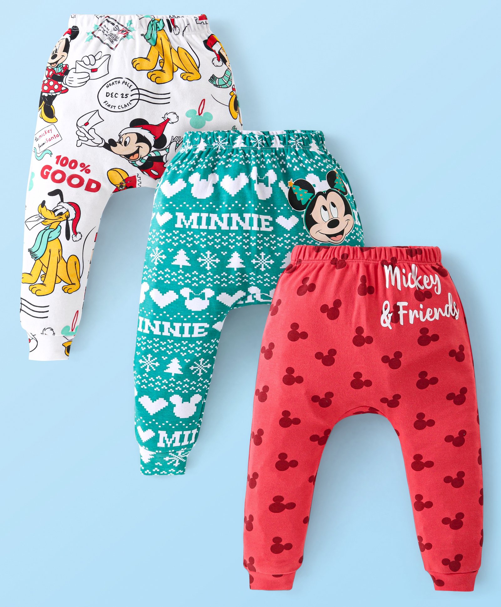 Babyhug Disney 100% Cotton Knit Diaper Leggings with Mickey Mouse & Friends Graphics Pack of 3- Red White & Green-picture-12