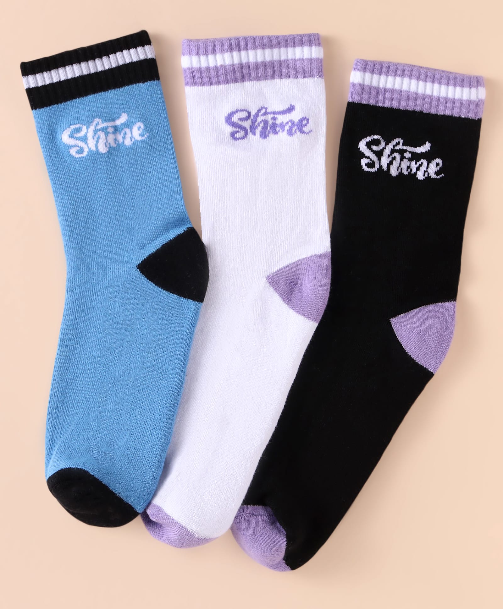 Pine Kids Cotton Knit Socks With Logo Design Pack of 3 - Black White & Light Blue-image-1