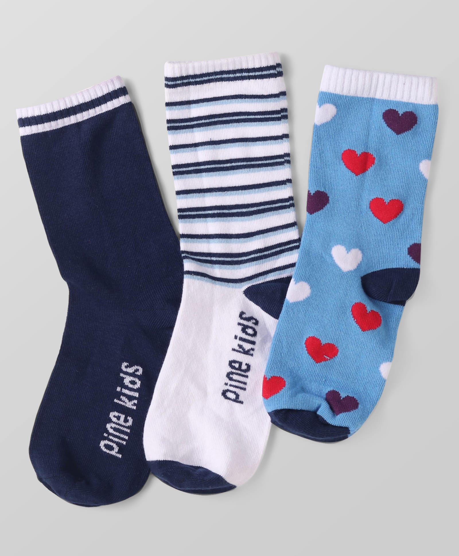 Pine Kids Knit Ankle Length Socks with Stripes & Hearts Design Pack of 3 (Color May Vary)-image-5