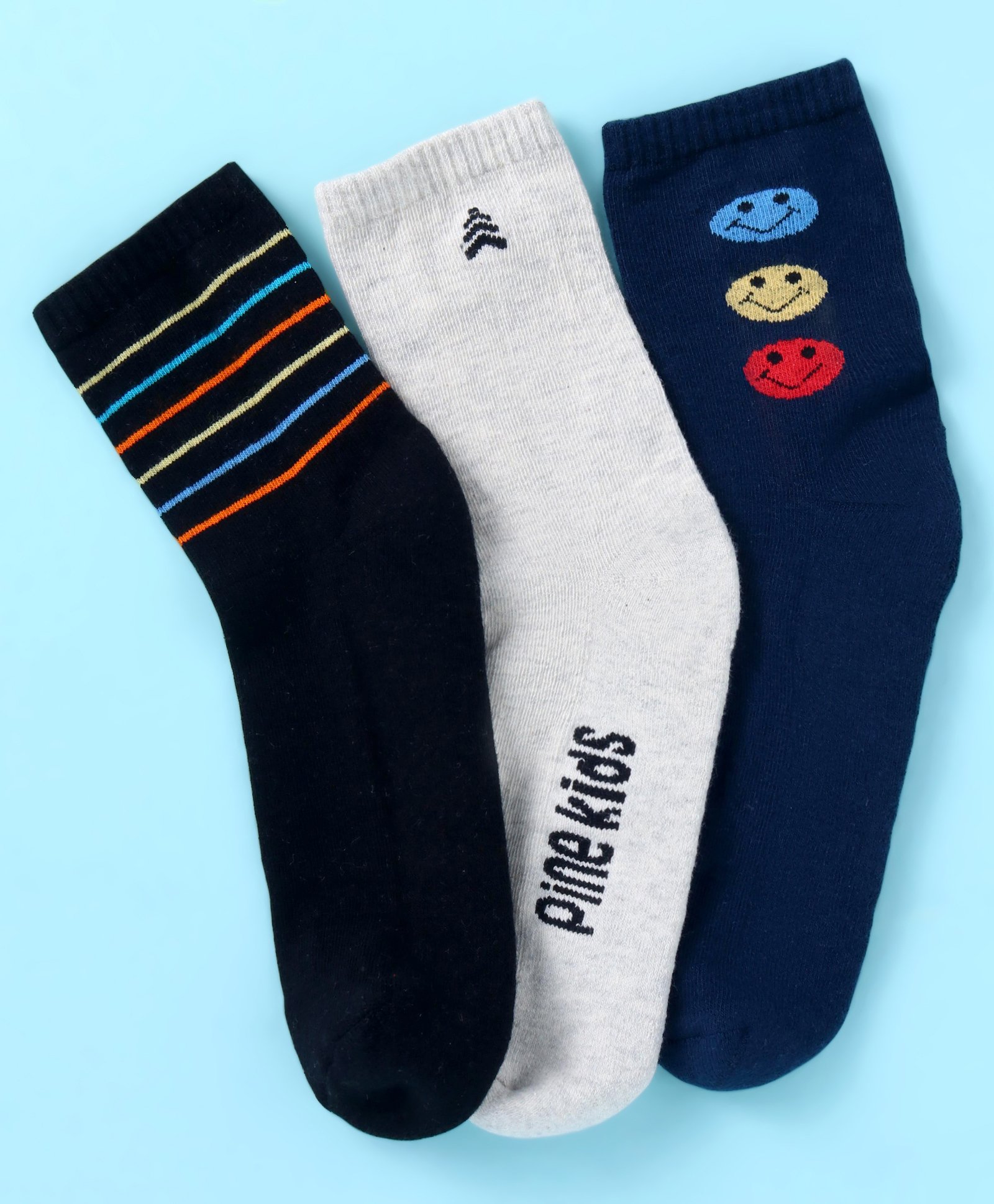 Pine Kids Cotton Nylon Knit Ankle Length Socks Stripes Text Embroidery & Smile Design Pack of 3 - Black & Gray-image-27