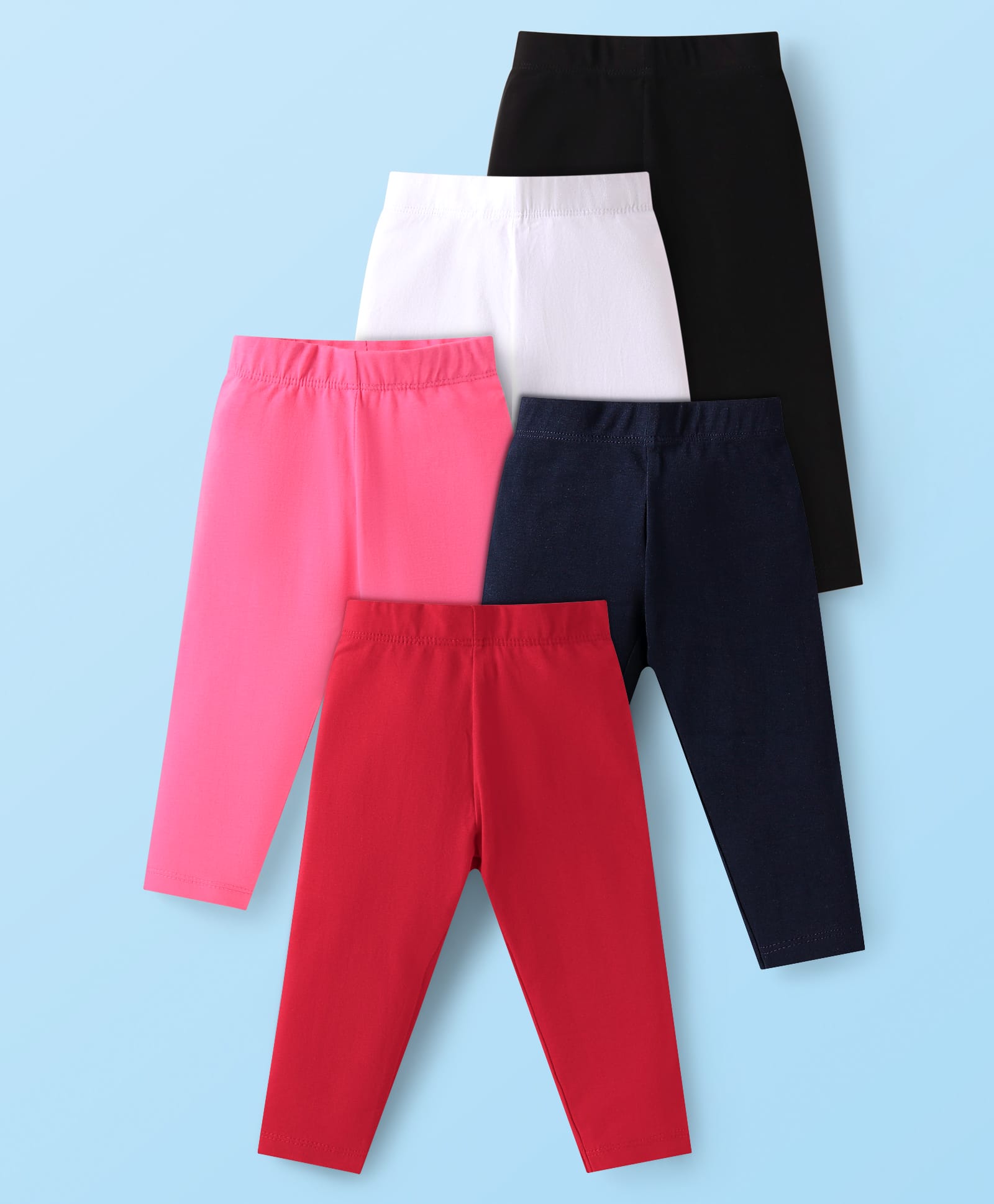 Babyhug Cotton Lycra Full Length Solid Colour Leggings Pack of 5 -Red Pink & Black-picture-23