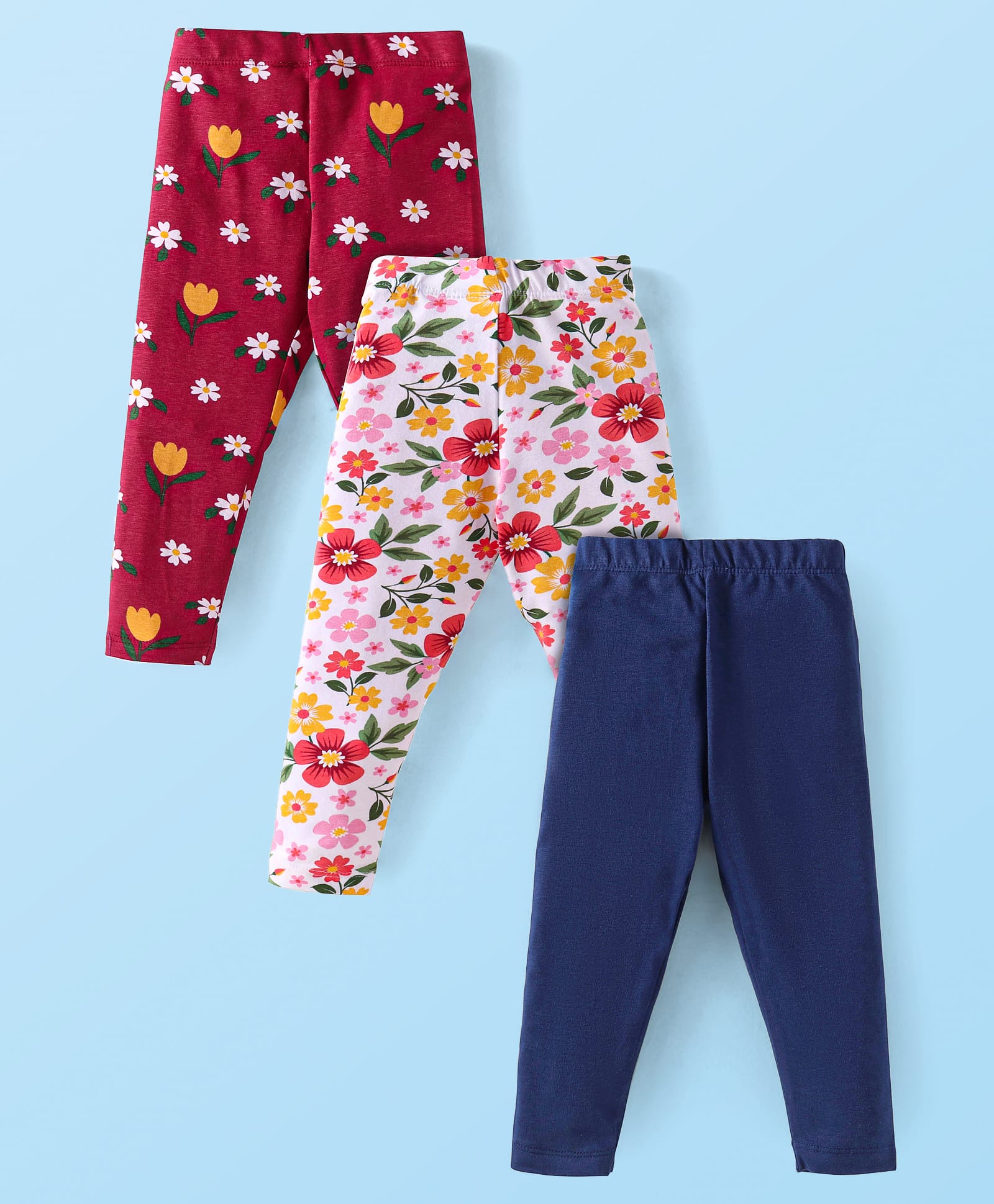 Babyhug Cotton Elastane Lycra Knit Full Length Leggings with Floral Print Pack of 3 - Red White & Blue-image-32
