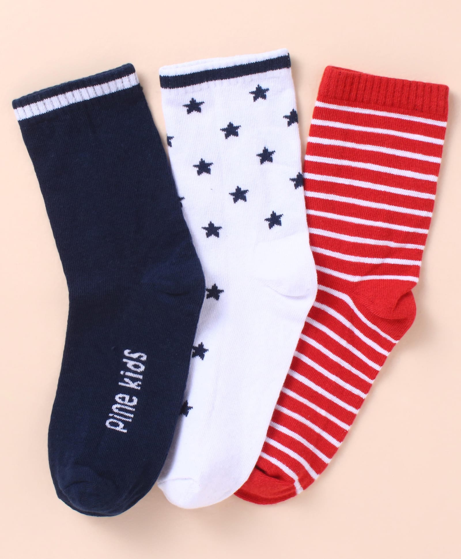 Pine Kids Cotton Knit Socks with Strips Star & Text Print Pack of 3 - Navy Blue White & Red-picture-11
