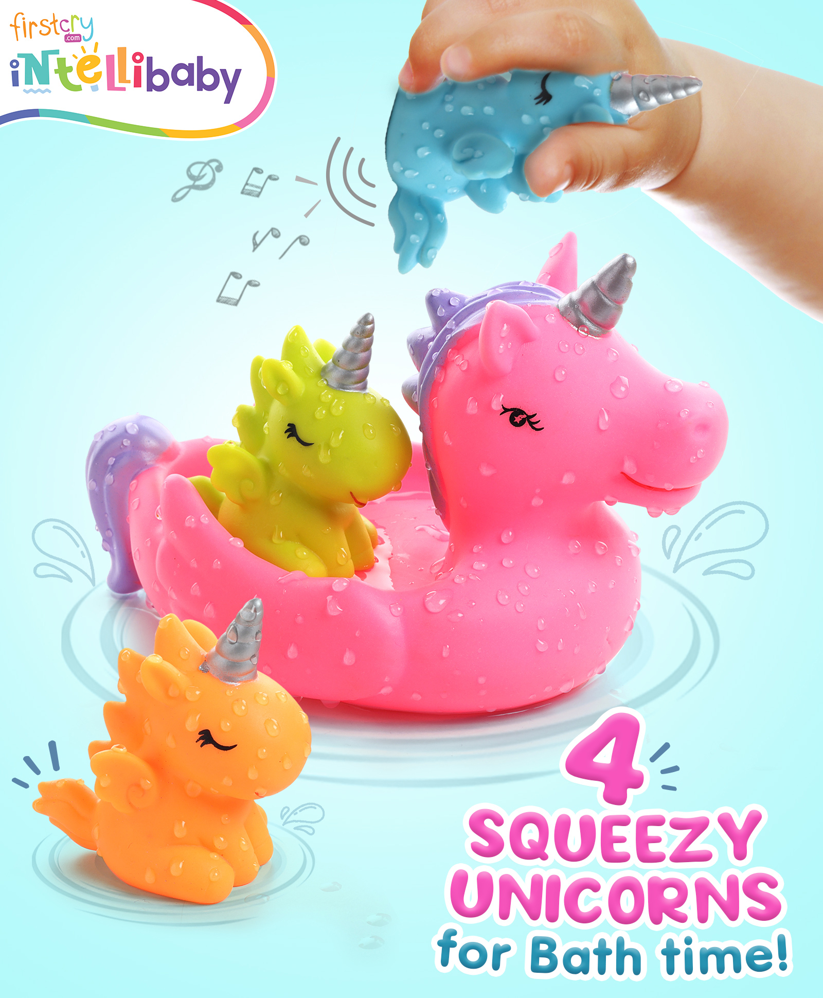 Intellibaby Bath Squeezy & Squeaky Unicorn - Pack of 4 Non-Toxic & Safe Floating Bath Toys- Multicolor