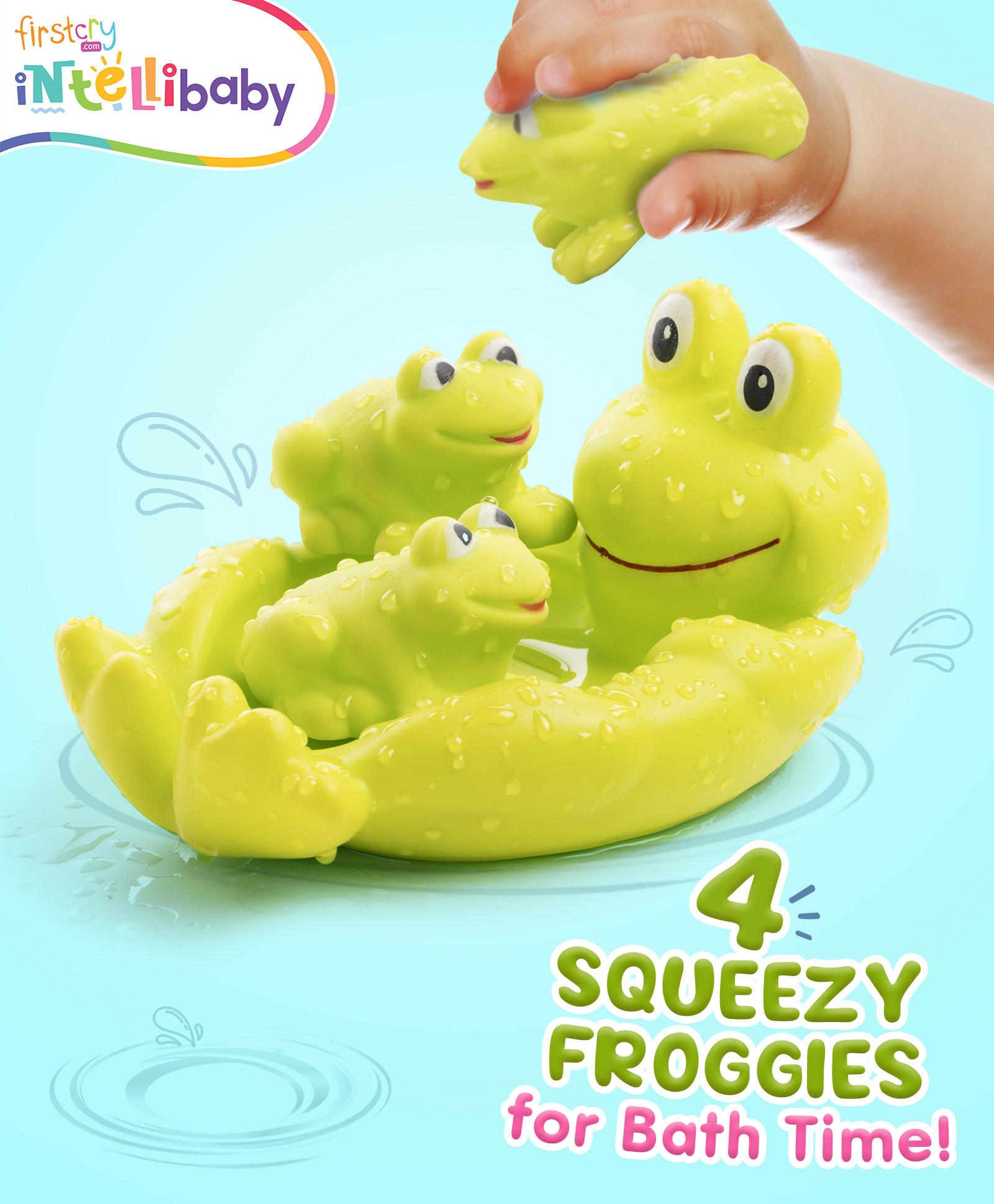 Intellibaby Bath Squeezy & Squeaky Froggy - Pack of 4 Non-Toxic & Safe Floating Bath Toys - Multicolour