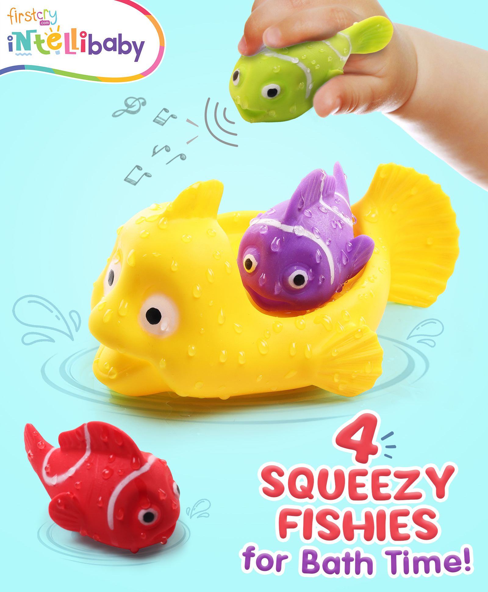 Intellibaby Bath Squeezy & Squeaky Fishy - Pack of 4 Non-Toxic & Safe Floating Bath Toys - Multicolour