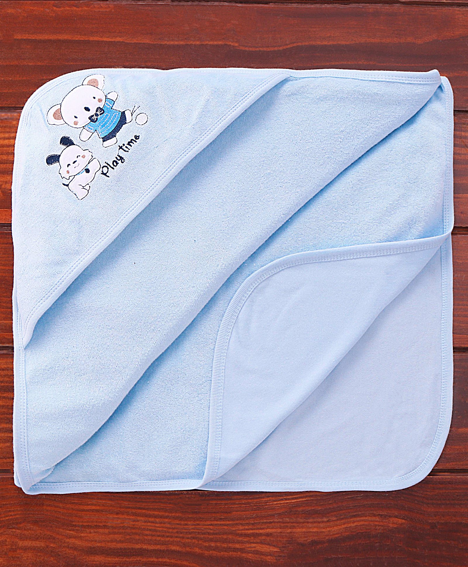CUCUMBER Terry Knit Hooded Hand and Face Towel with Bear Embroidery - Blue-image-10