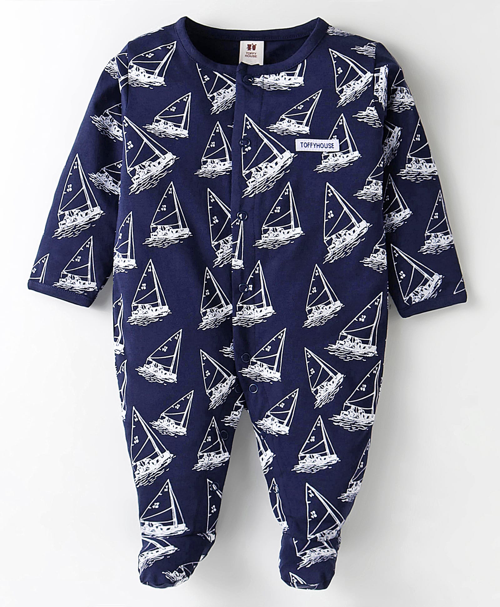 ToffyHouse 100% Cotton Knit Full Sleeves Sleep Suit With Sailboats Print - Navy-image-27