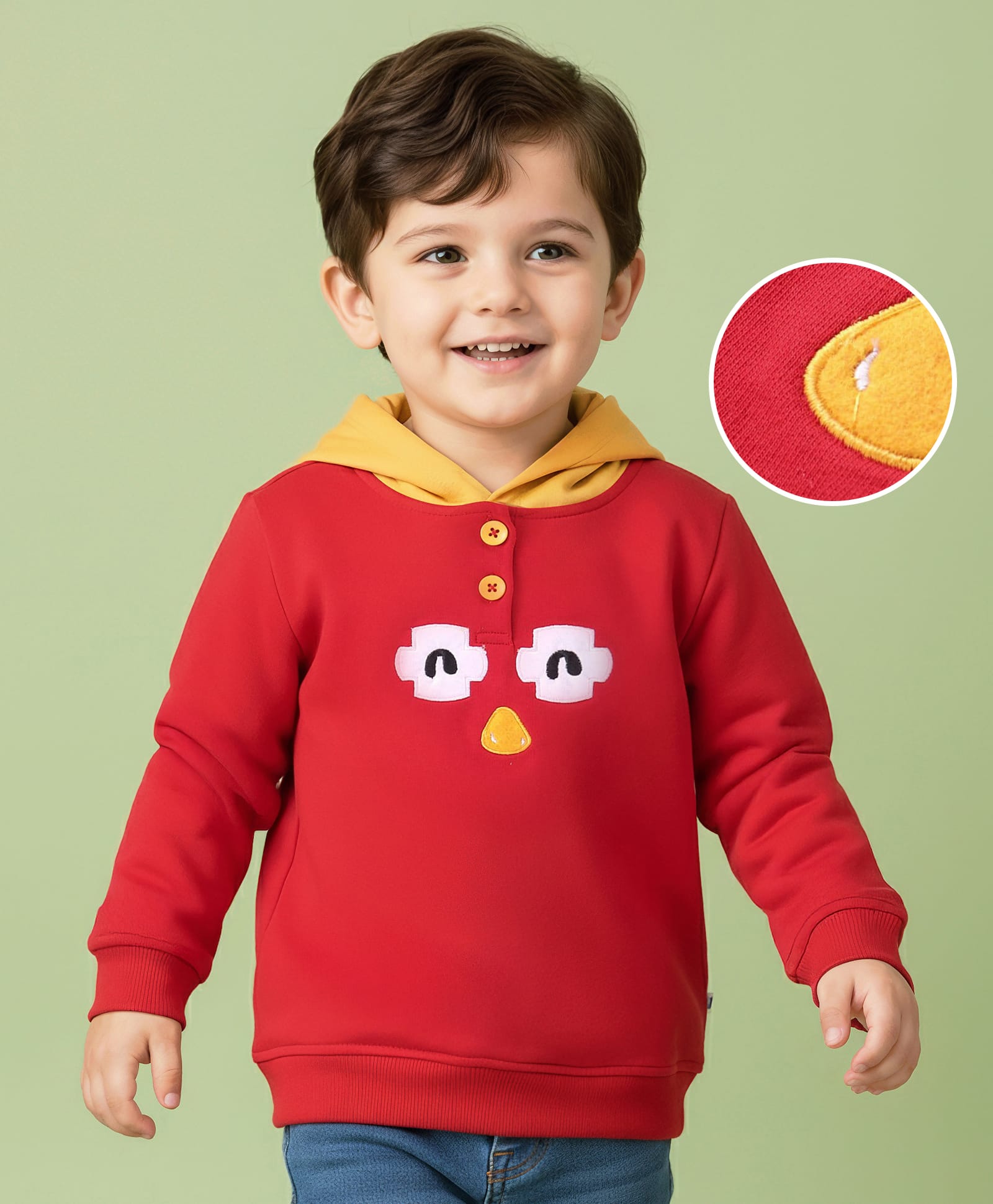 Kookie Kids Terry Knit Full Sleeves Hooded Sweatshirt with Animal Patch Detailing - Red-image-20