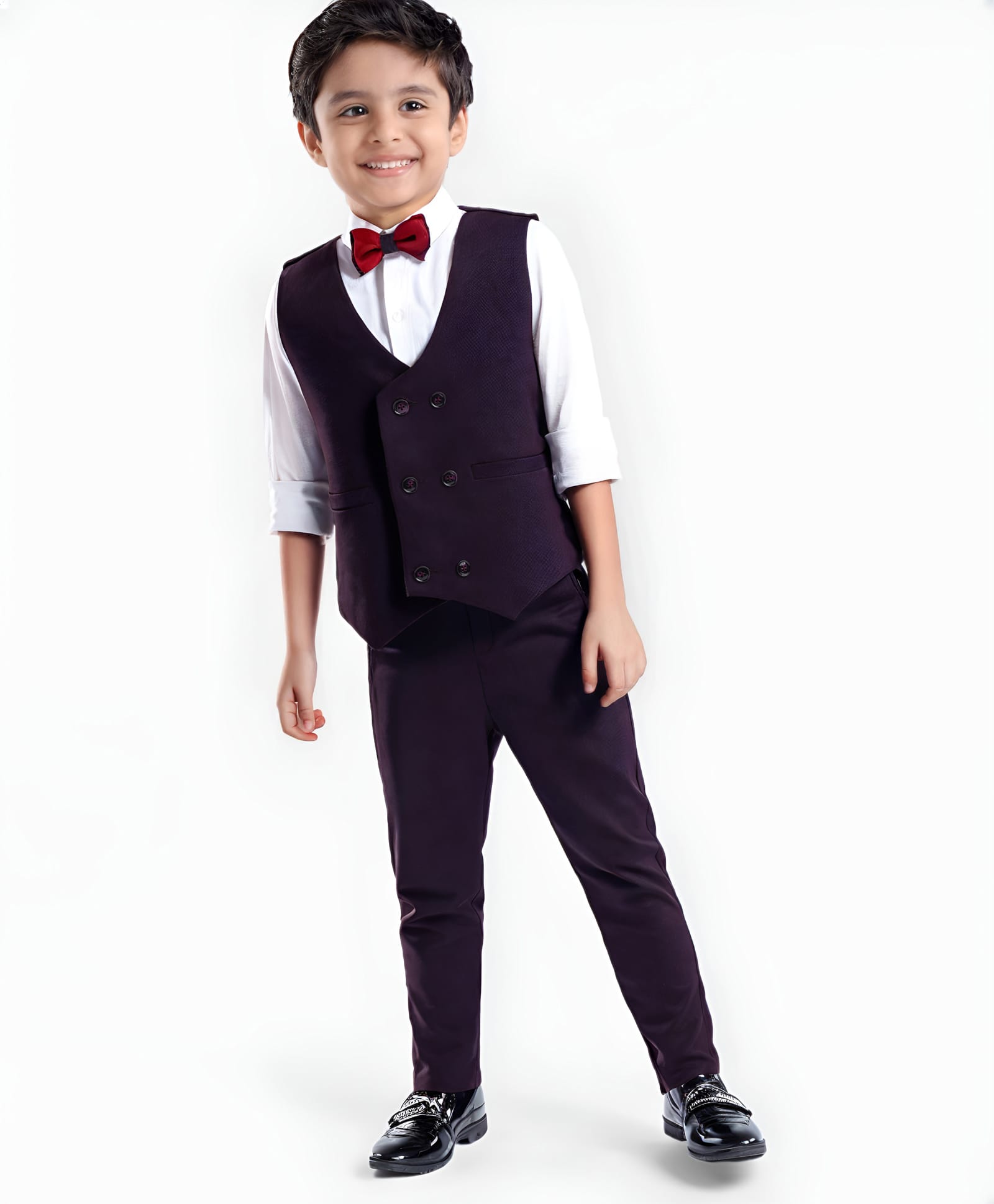 Babyhug Woven Full Sleeves Solid Colour 3 Piece Party Suit With Bow - Wine-image-22