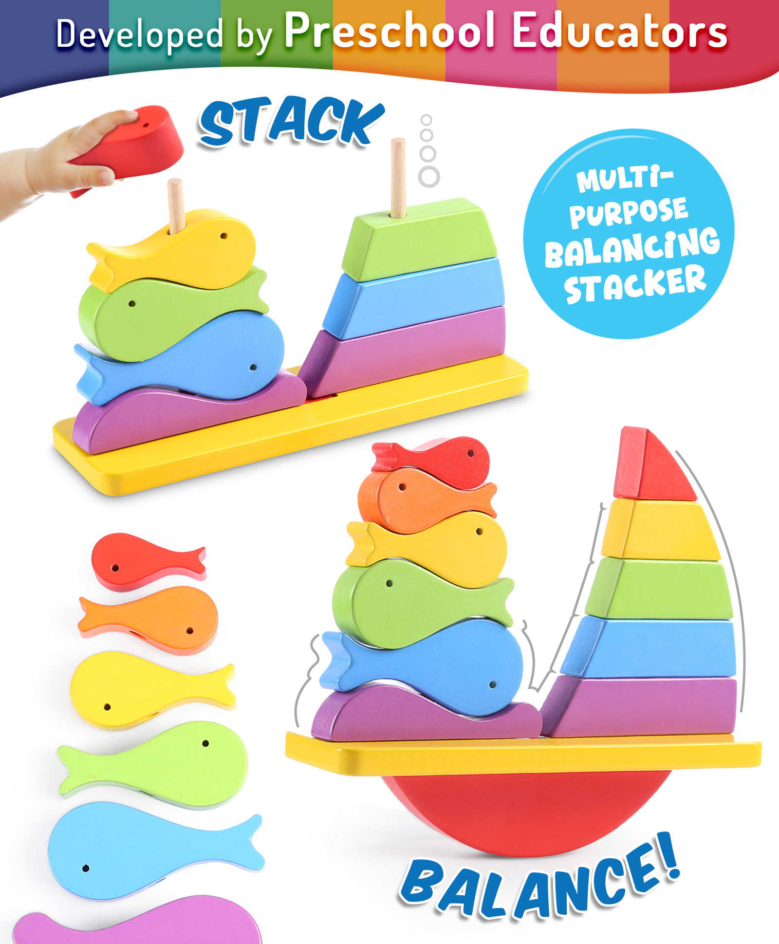 Intelliskills Premium Wooden Rainbow Balancing Ship Stacker | Multicoloured | Learning & Educational Toy | Ideal for Gifting | Fine Motor Skills Development | Hand-Eye Coordination | Problem-Solving for Toddlers | ASTM, CE & BIS Approved