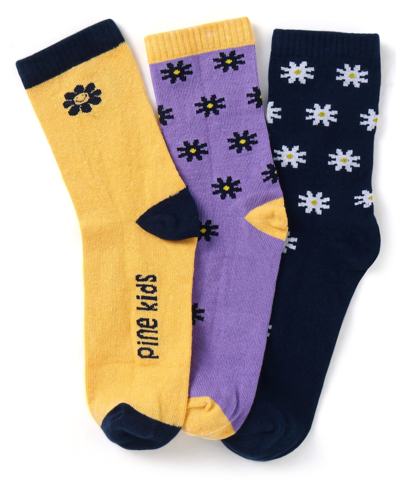 Pine Kids Cotton Nylon Knit Ankle Length Socks Floral & Brand Design Pack of 3 - Yellow Purple & Black-image-5