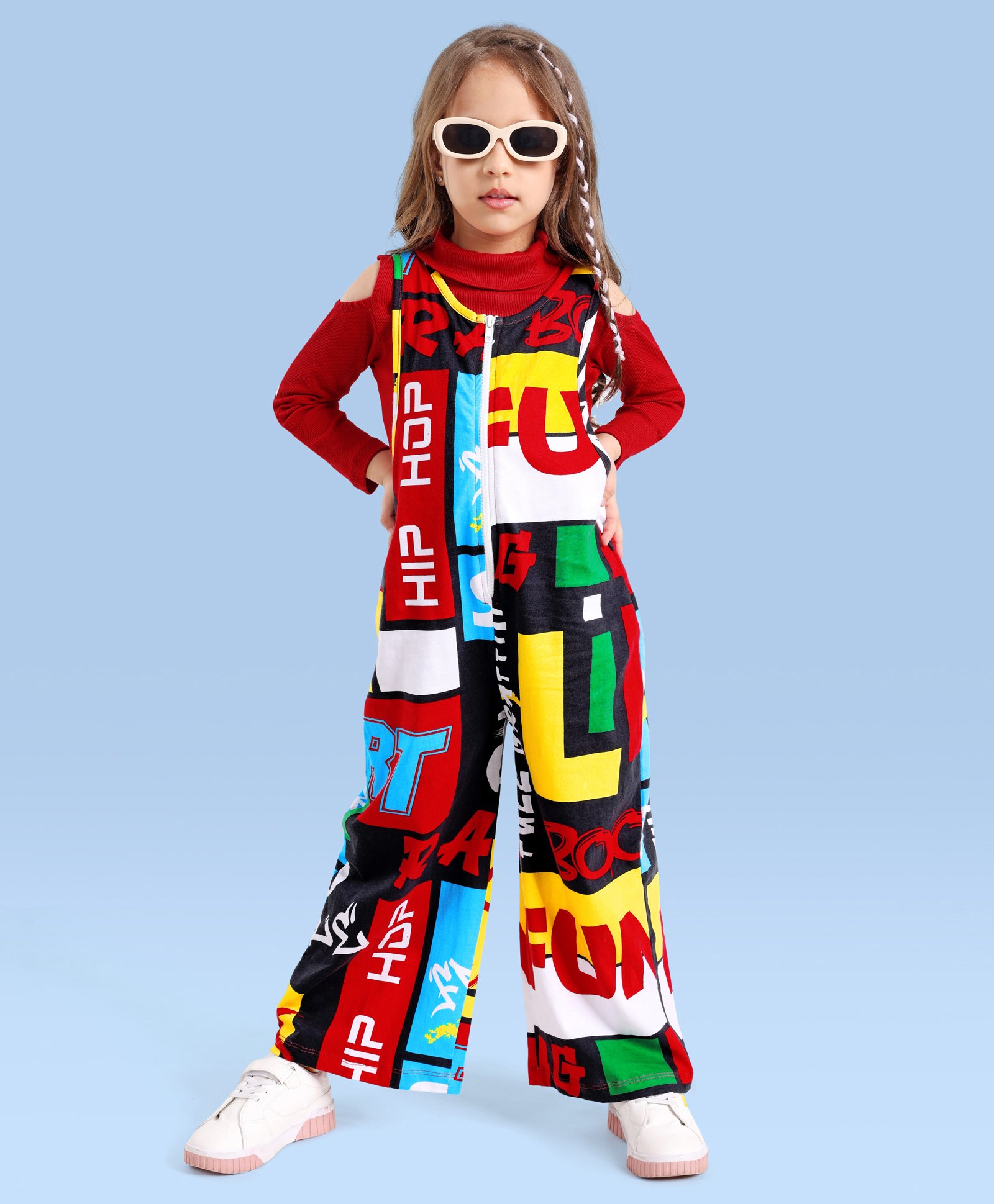 Ollington St. Cotton Knit Abstract Printed Jumpsuit & Full Sleeves Inner Rib Turtle Neck Top- Multicolor-picture-21