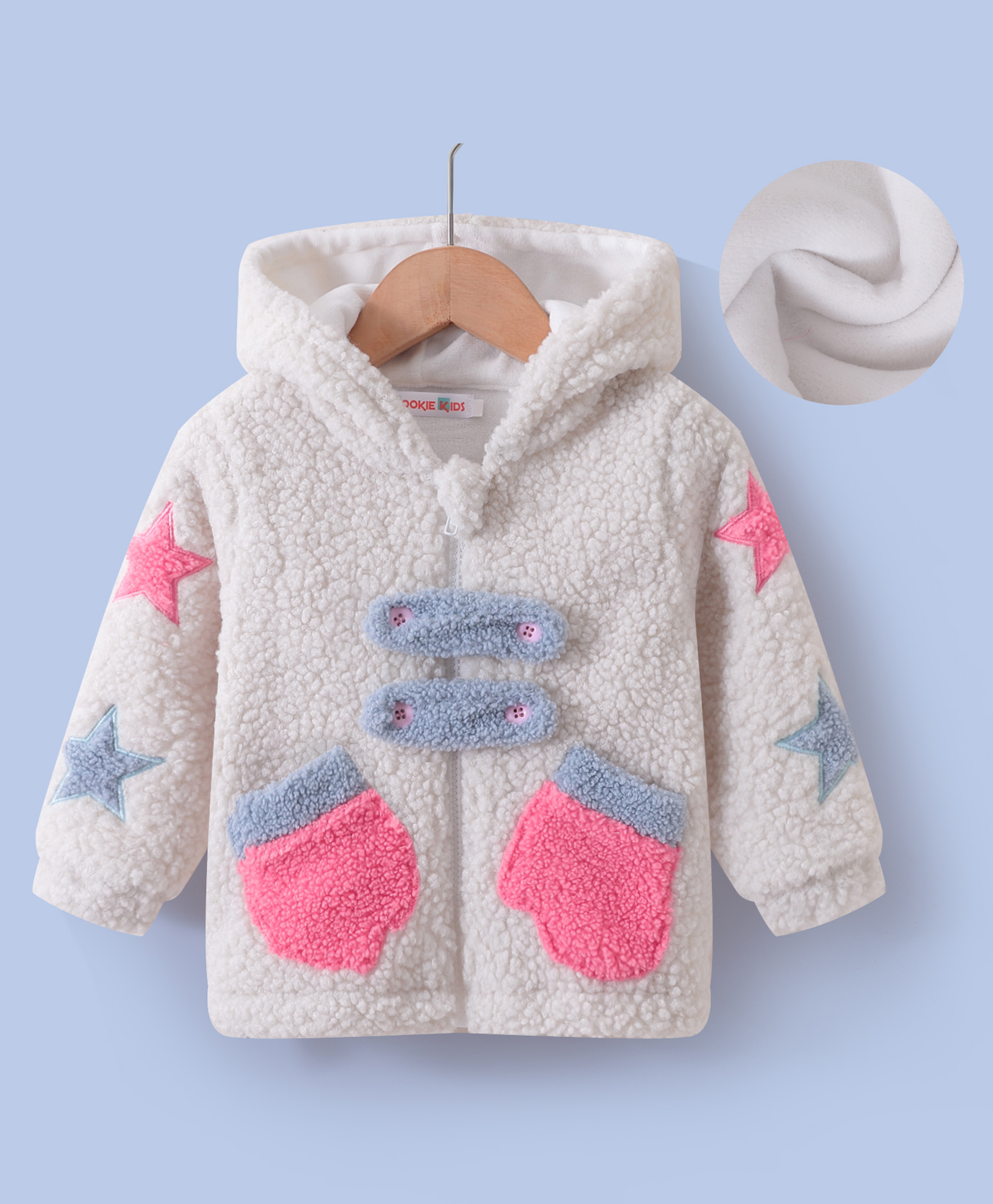 Kookie Kids Full Sleeves Star Designed Hooded Fur Winter Jacket - Beige-image-33