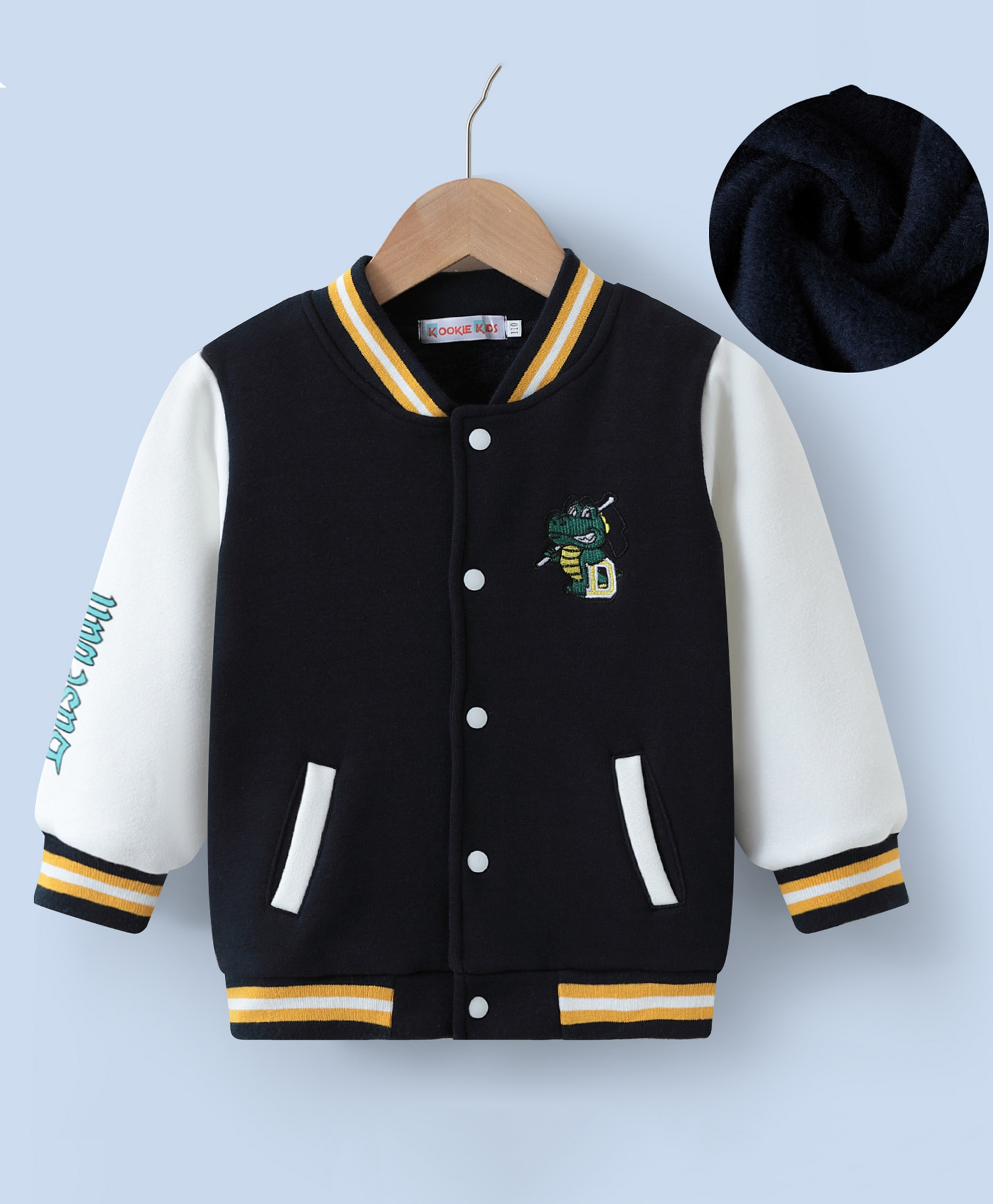 Kookie Kids Full Sleeves Bomber Jacket with Dino Patch Detailing - Navy Blue-image-0