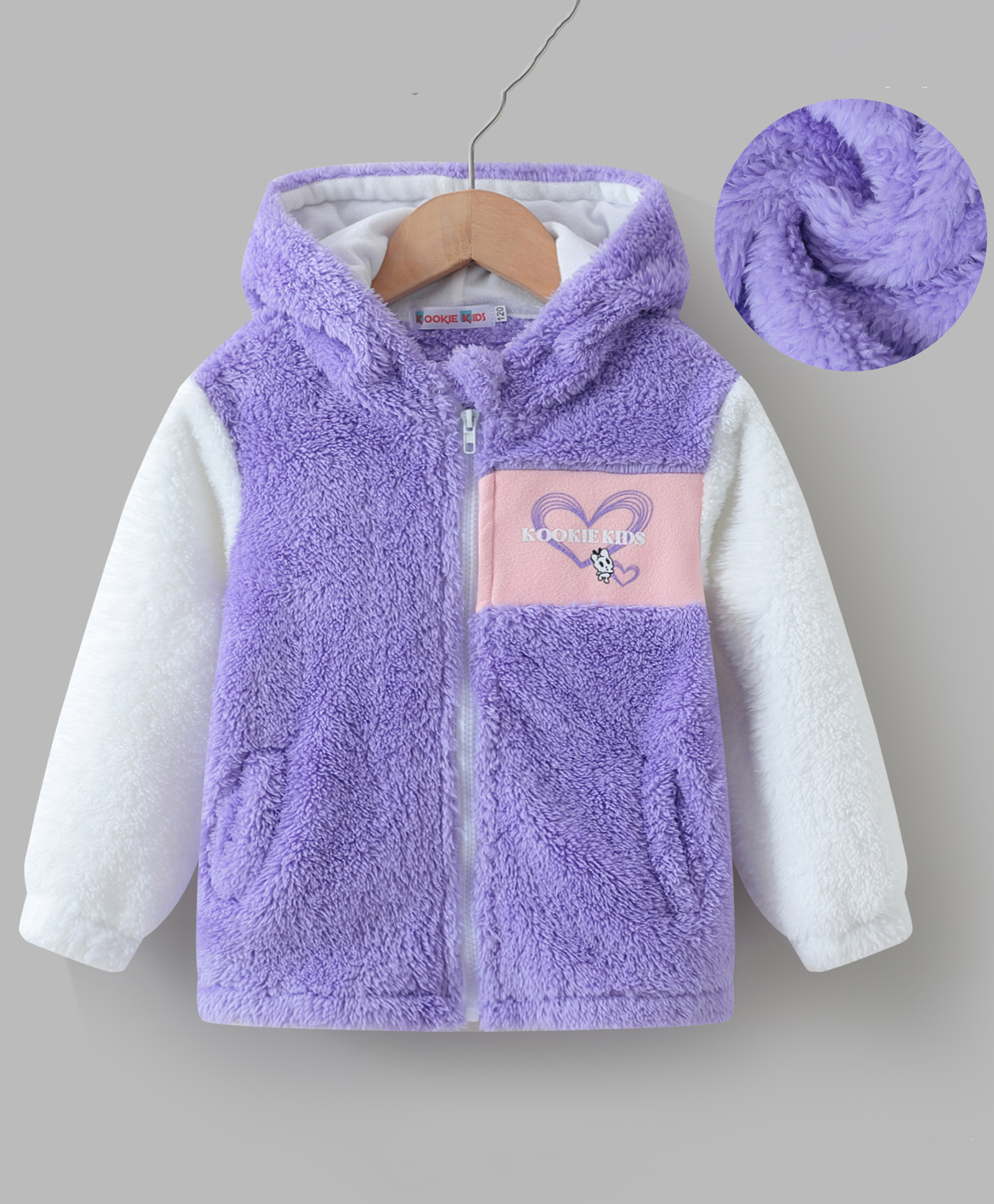 Kookie Kids Full Sleeves Hooded Fur Winter Jacket With Heart Design - Purple-image-26