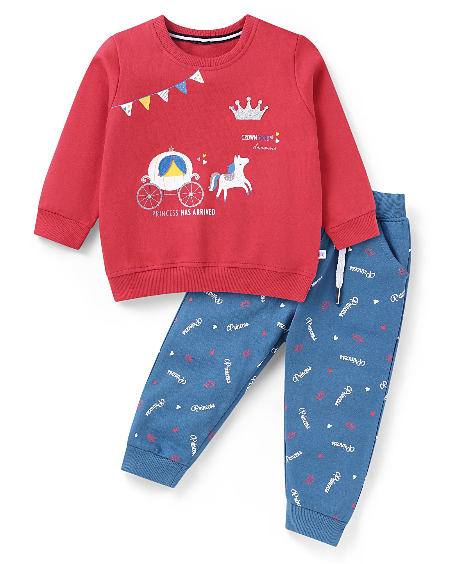 Kookie Kids Terry Knit Full Sleeves Winter Wear Suit With Text Print &Detailing - Red & Blue-image-12