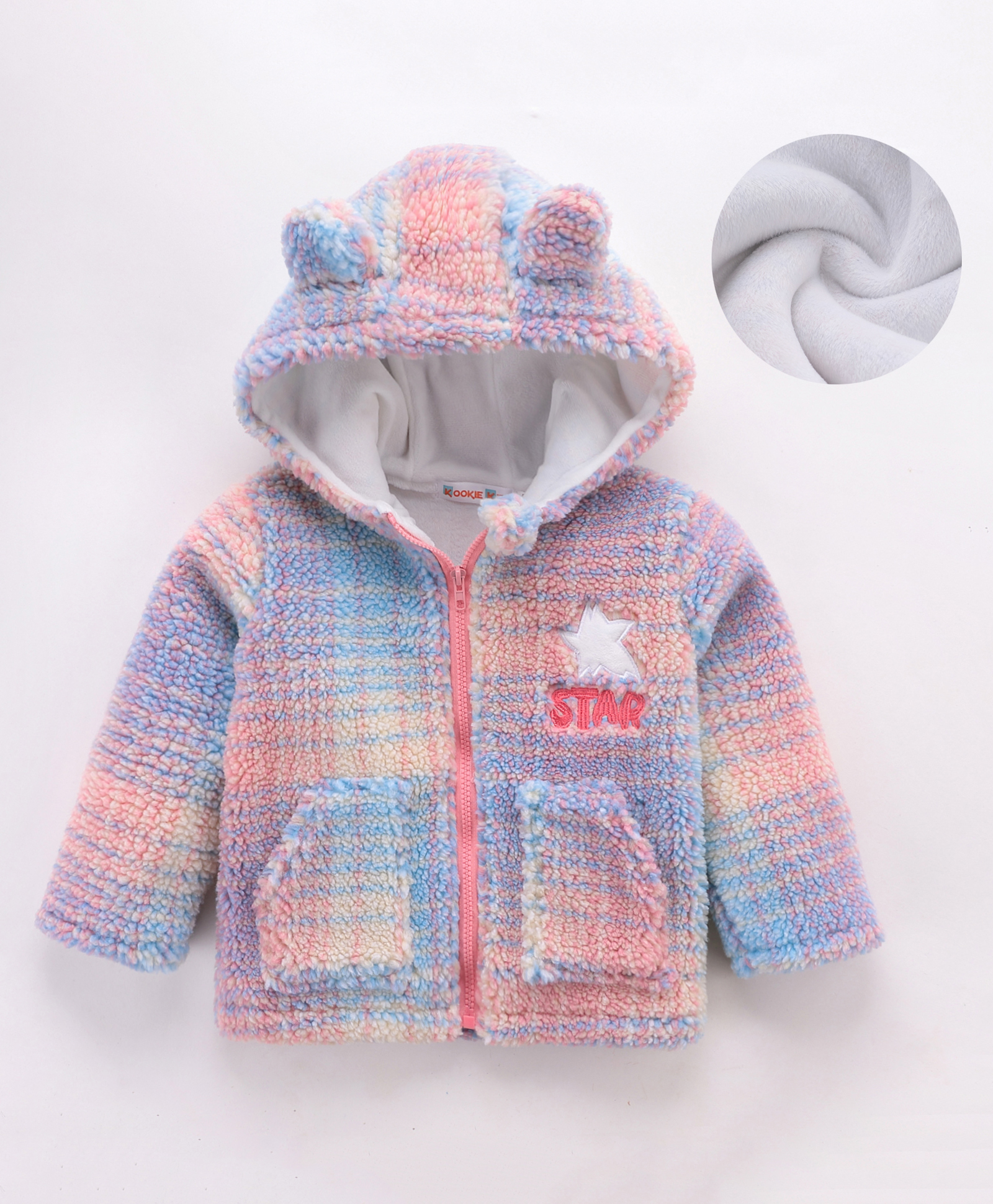 Kookie Kids Full Sleeves Hooded Winter Fur Jacket With Ear Applique & Text Print - Pink-image-15