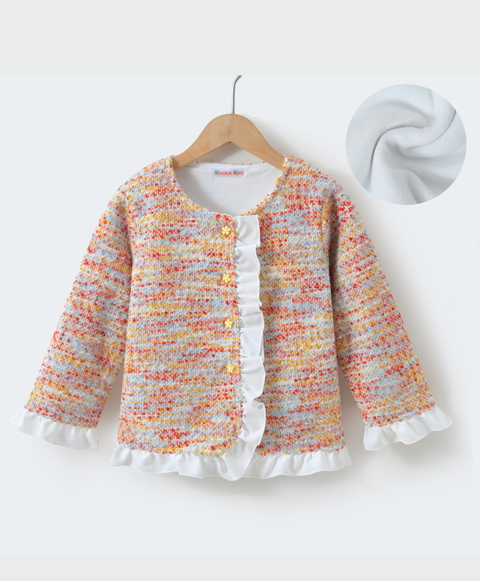 Kookie Kids Full Sleeves Textured Winter Jacket With Frill Detailing - Orange-image-7
