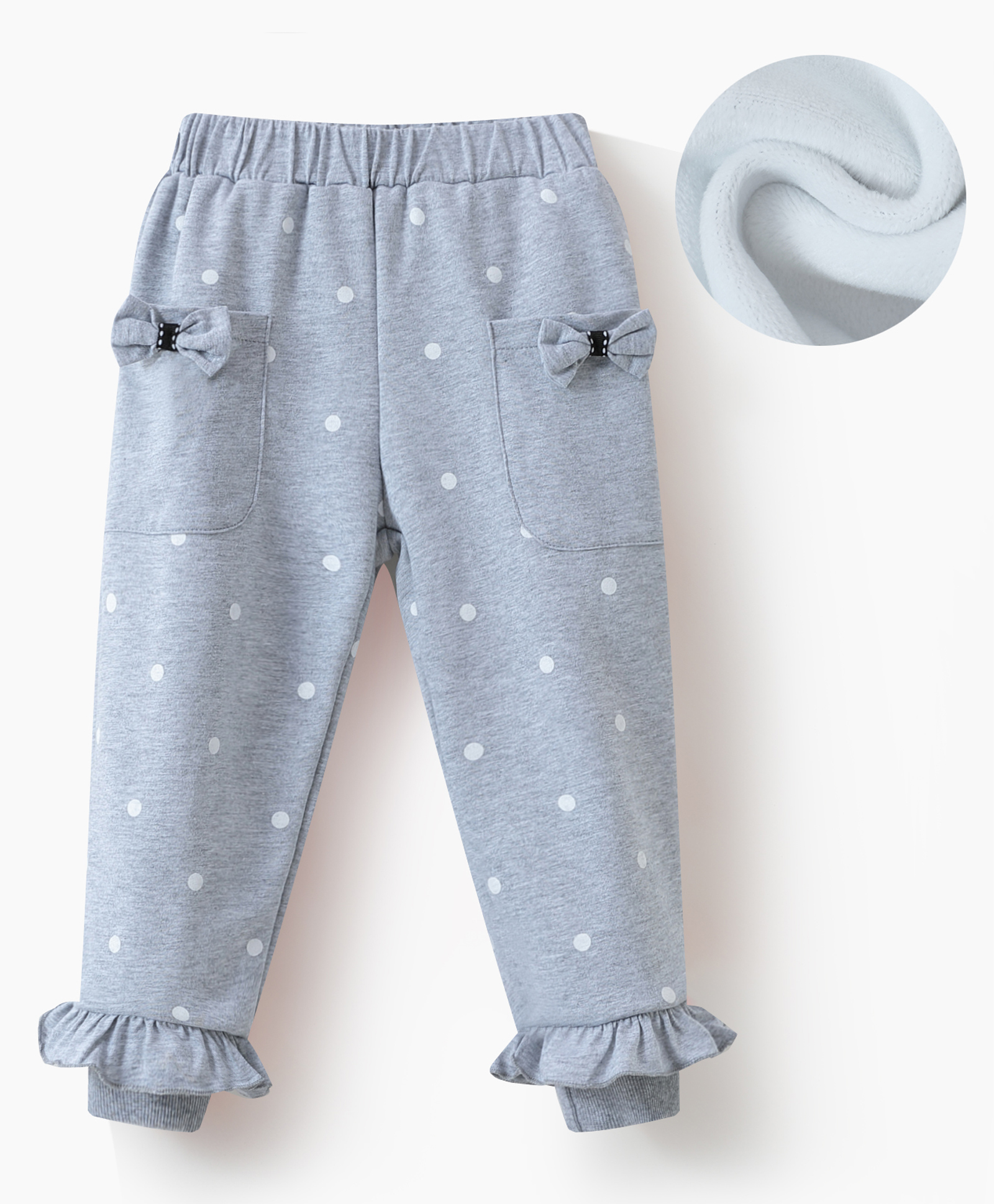 Kookie Kids Cotton Knit Full Length Lounge Pants With Polka Dots Print & Bow Applique - Light Grey-picture-10