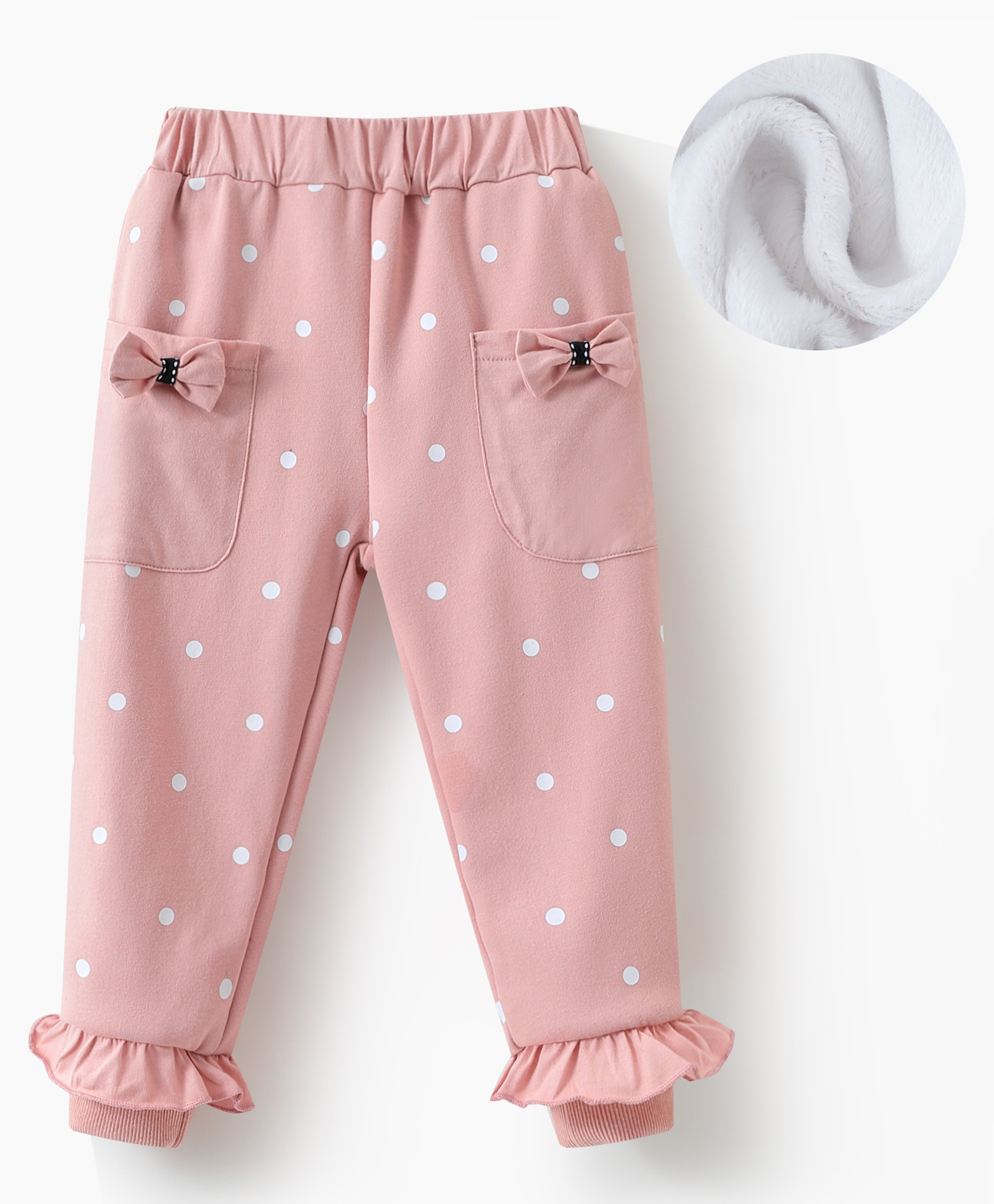 Kookie Kids Cotton Knit Full Length Lounge Pants With Polka Dots Print & Bow Applique - Pink-image-9