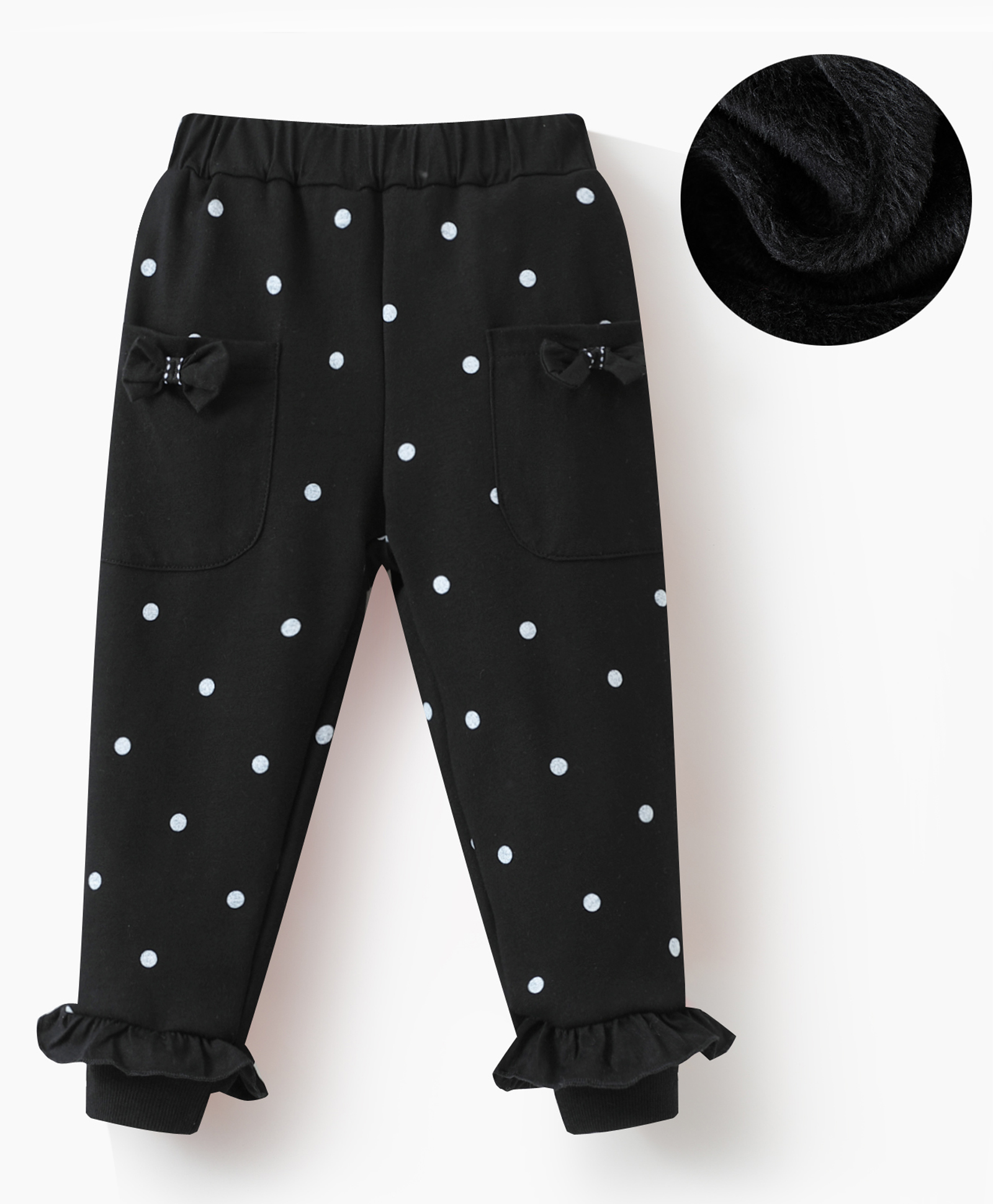 Kookie Kids Full Length Polka Dots Printed Lounge Pant with Bow & Frill Detailing - Black-picture-24