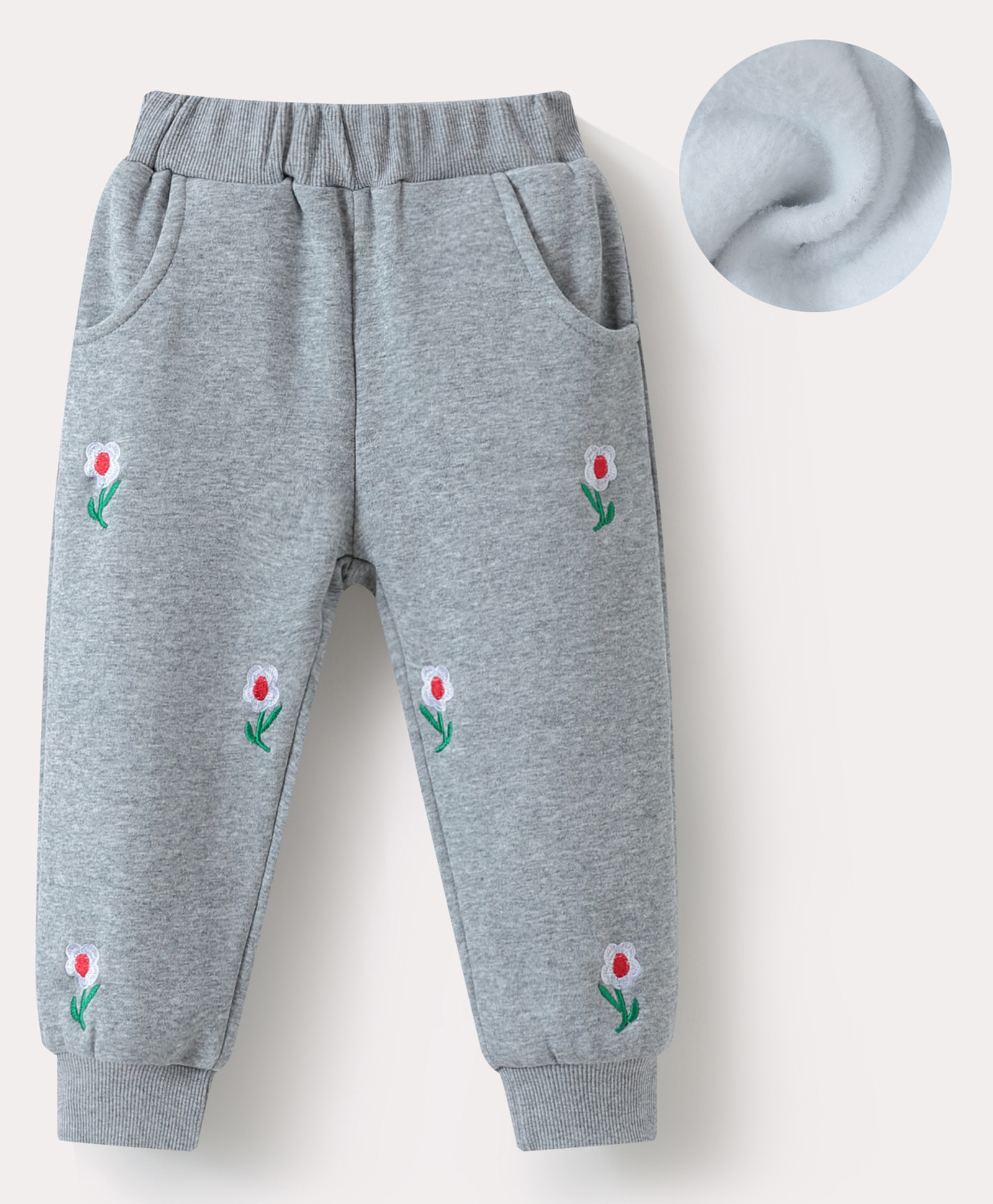Kookie Kids Full Length Solid Color Lounge Pant with Floral Embroidery - Grey-picture-32
