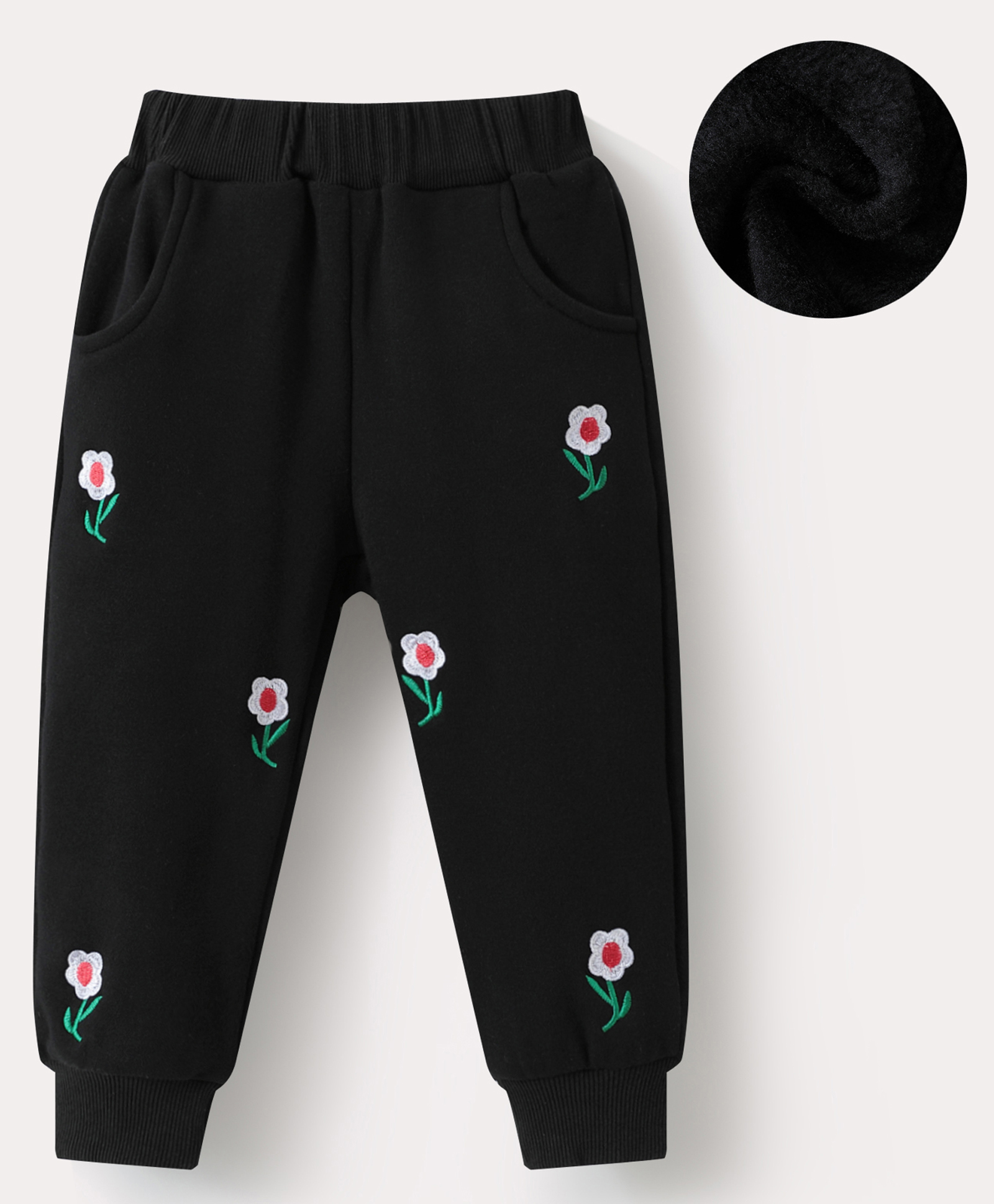 Kookie Kids Full Length Solid Color Lounge Pant with Floral Embroidery - Black-picture-21