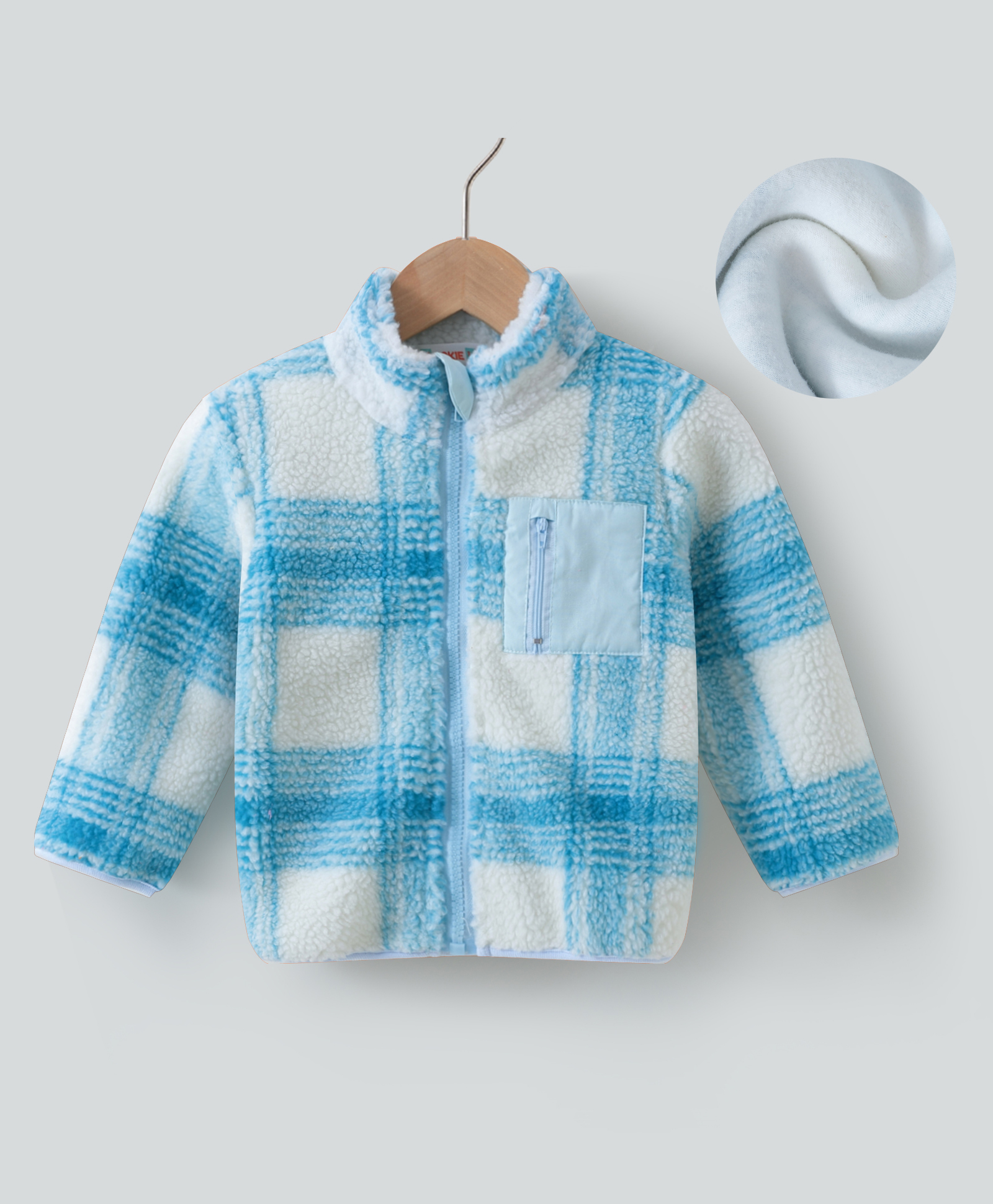 Kookie Kids Full Sleeves High Neck Collar Checkered Winter Jacket - Light Blue-image-35