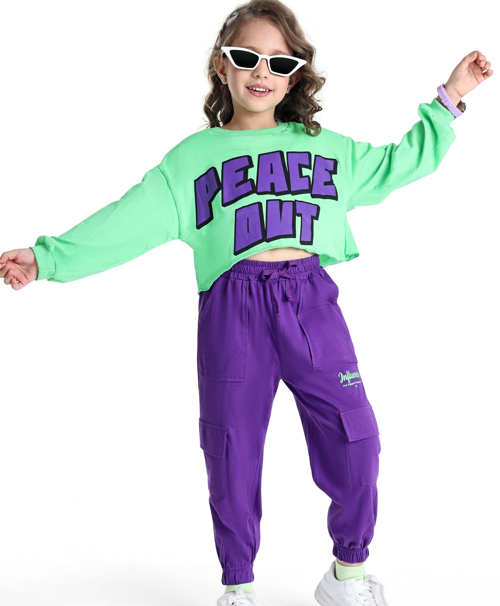 Ollington St. 100% Cotton Full Sleeves Text Printed Top & Cargo Joggers Set - Green & Lavender-image-38