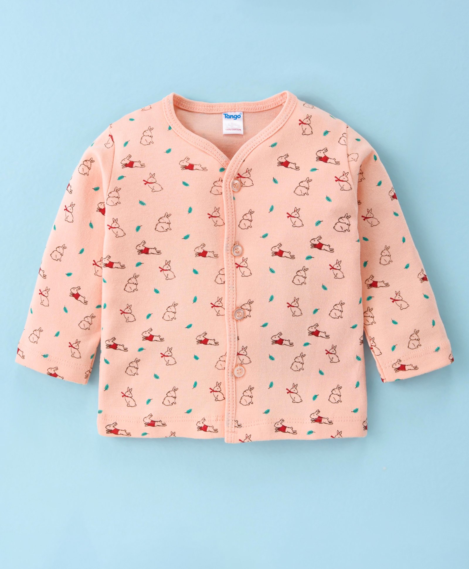 Tango Interlock Cotton Knit Full Sleeves Front Open Jhabla with Rabbit Print - Orange-picture-4