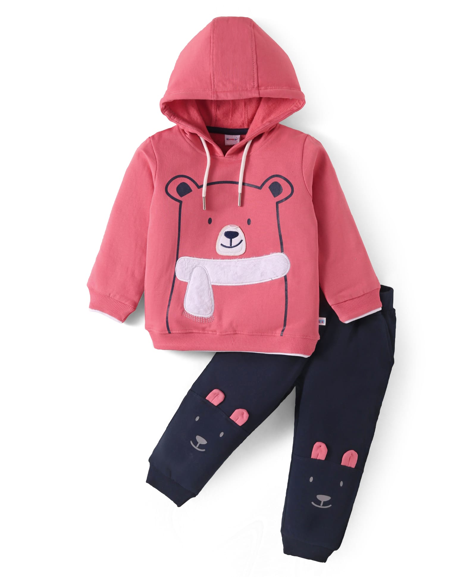 Kookie Kids Terry Knit Full Sleeves Hooded Winter T-Shirt & Joggers Set with Bear Graphics - Pink & Black-image-11