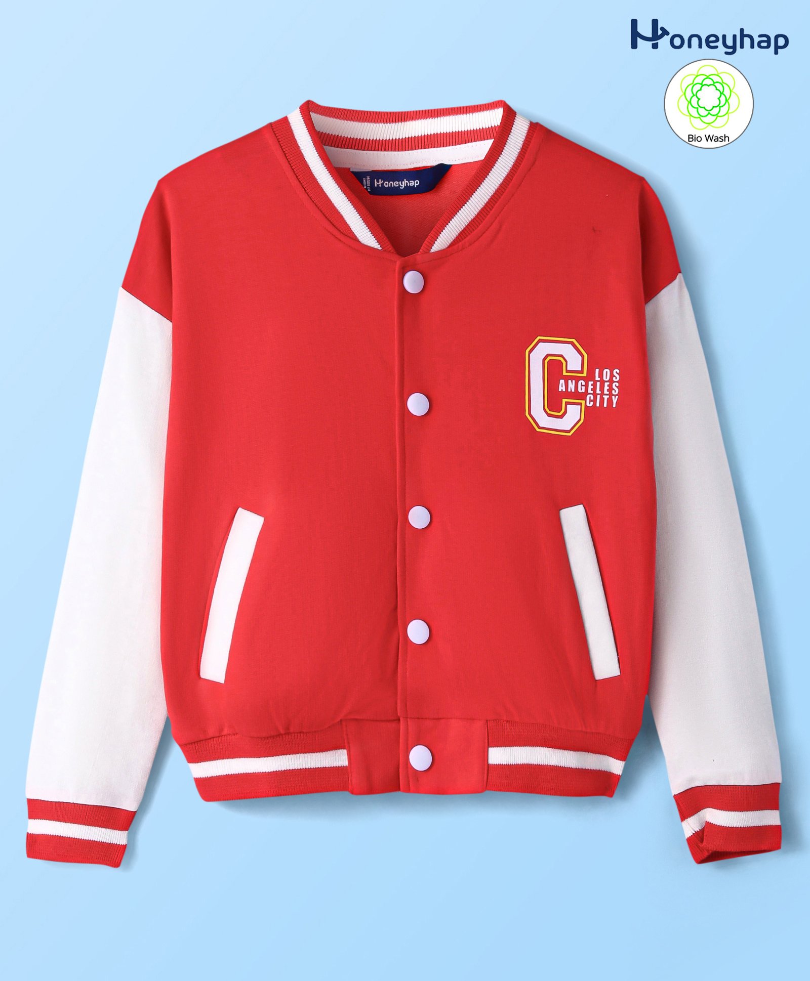 Honeyhap 100% Cotton Knitted Full Sleeves Drop Shoulder Bomber Jacket With Text Print - High Risk Red & Antique White-image-25