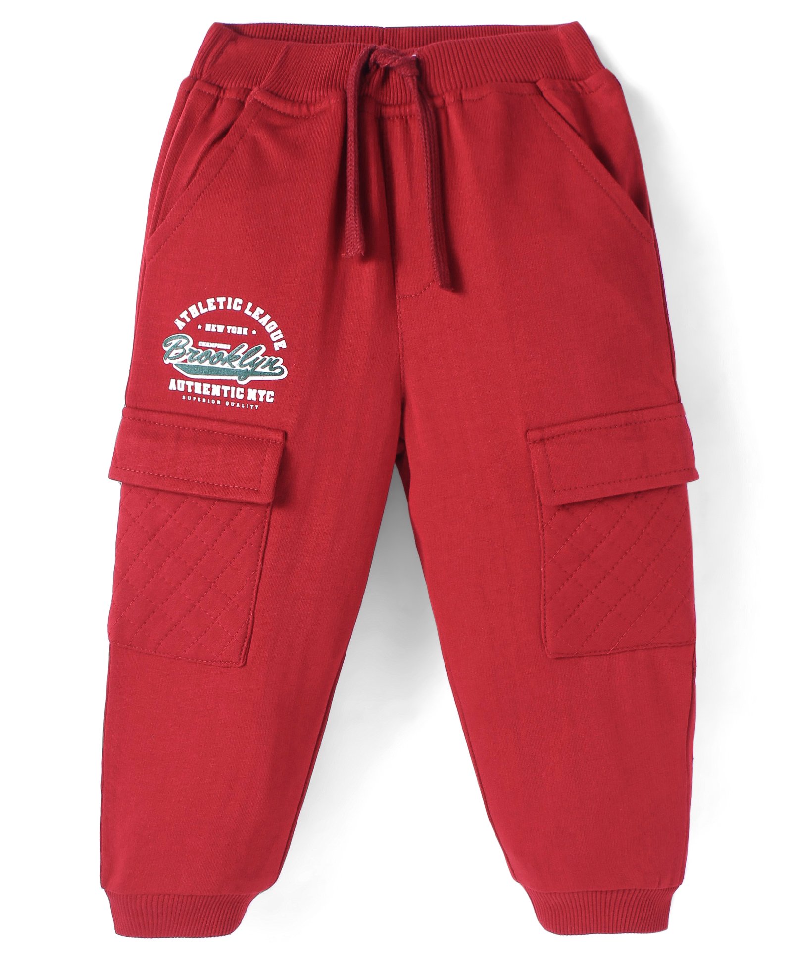 Babyhug Terry Knit Full Length Text Printed Track Pant with Cargo Pockets- Red-image-48